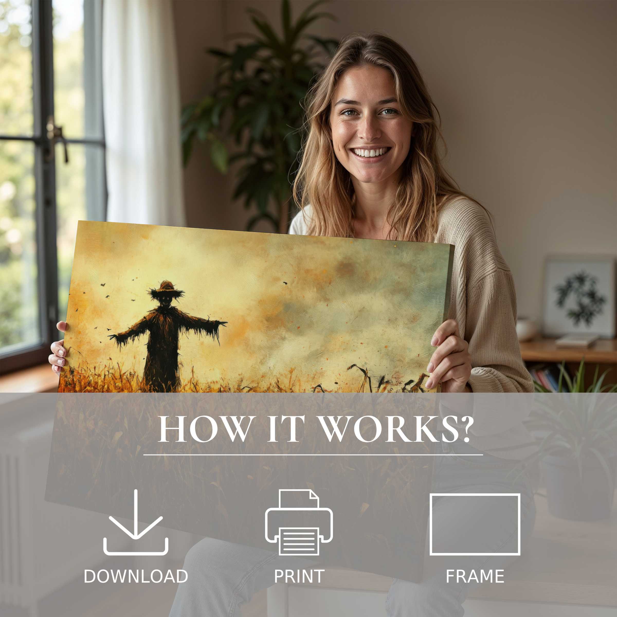 A woman radiates joy as she shares a warm-toned Halloween digital art print, embodying the ease and beauty of living with curated art