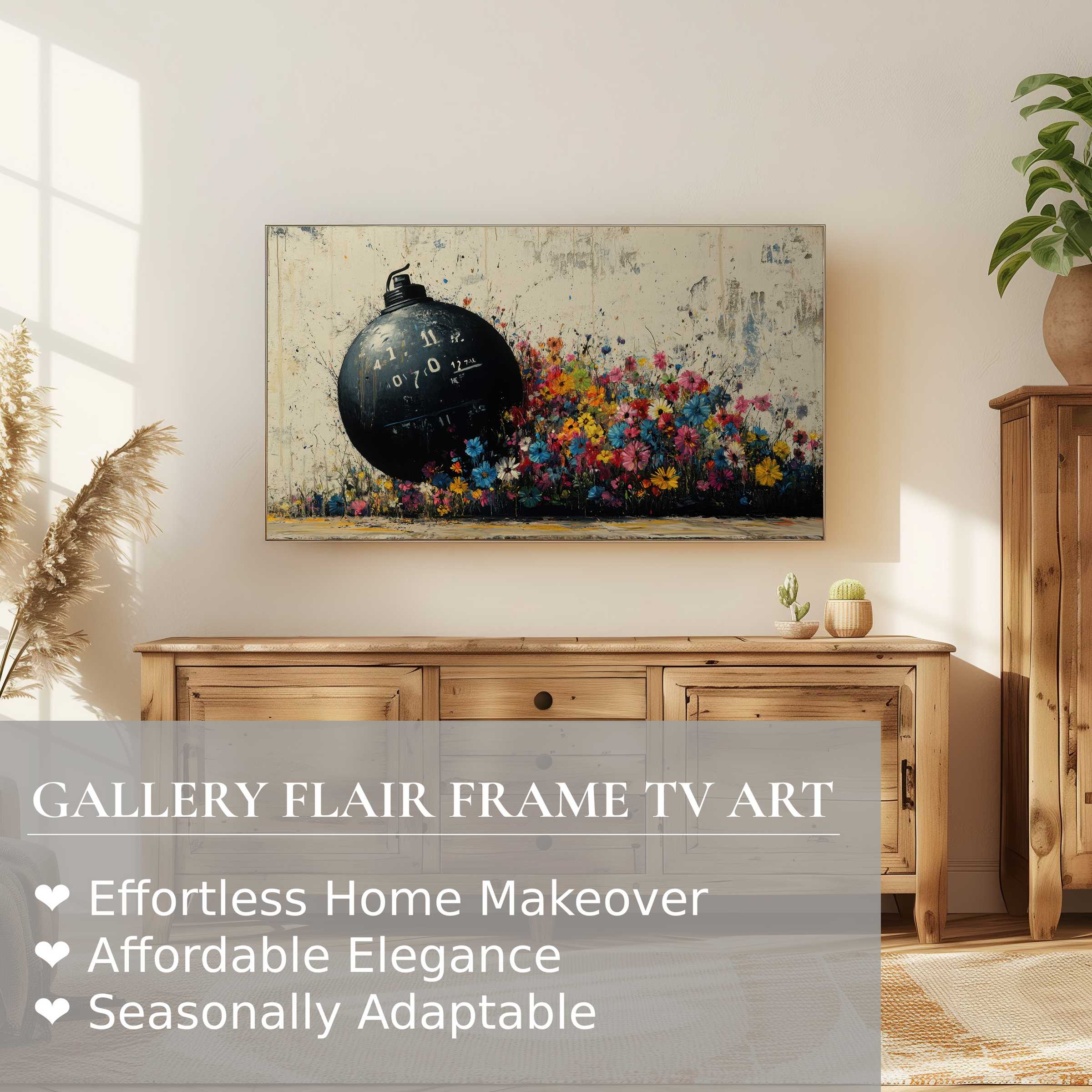 Modern living room with Samsung Frame TV displaying vibrant street art digital artwork of floral explosion