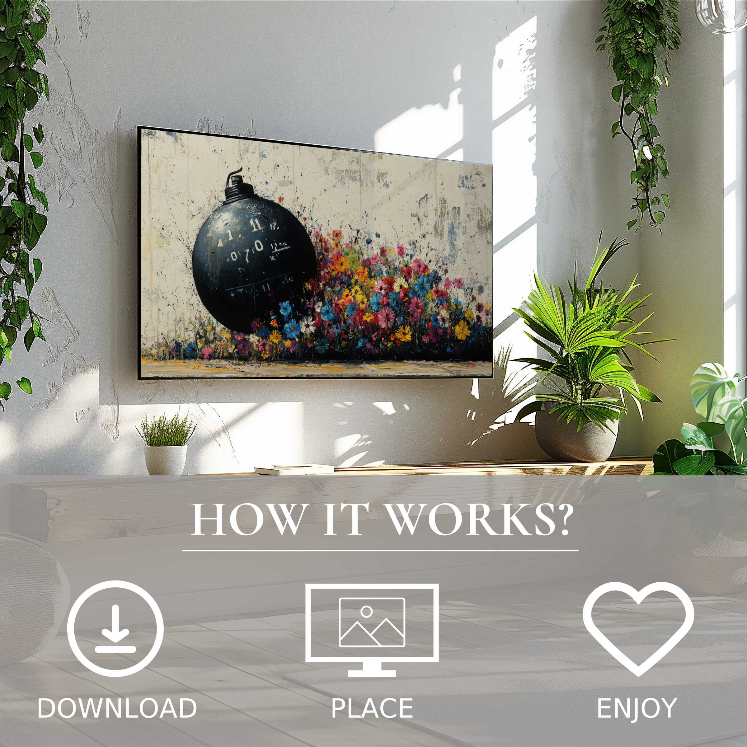 Bright living room with plants showcases street art for Samsung TV, featuring vibrant flower burst motif Digital download, easy use