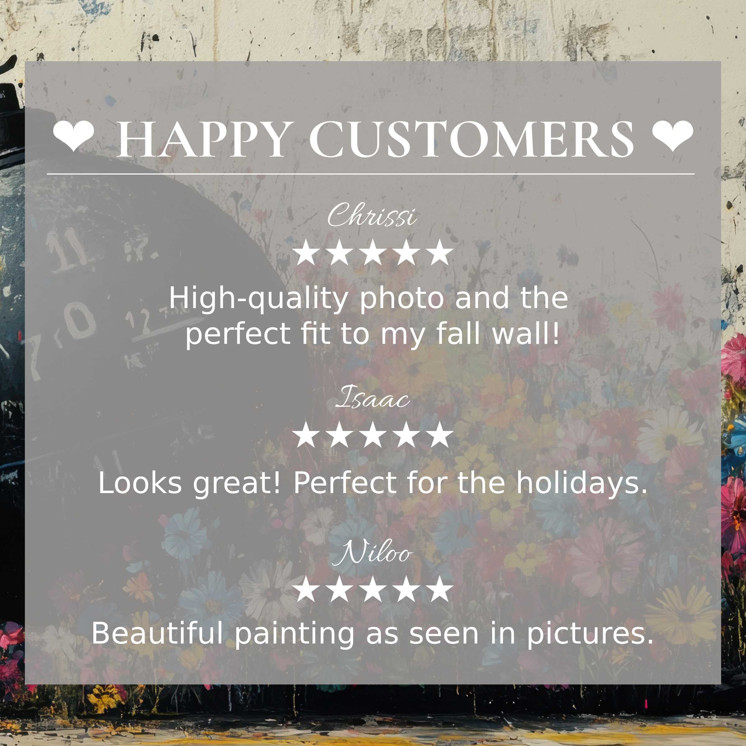 Street art for Frame TV with floral abstract backdrop, showcasing happy customer reviews that inspire trust and style