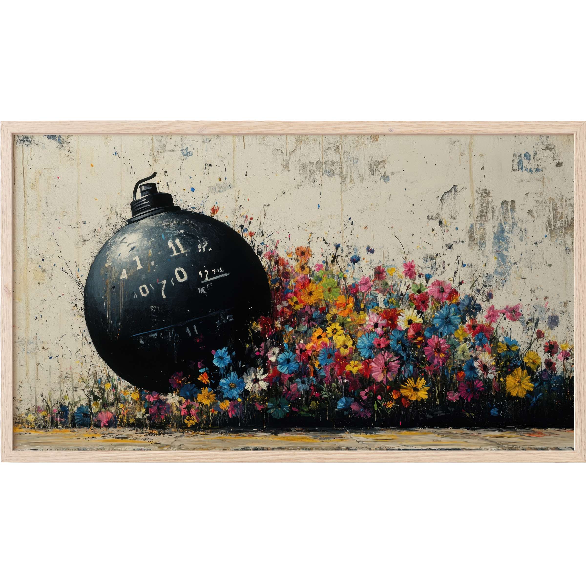 Street art Frame TV Art shows a sleek black bomb bursting with vibrant flowers, blending grit with color