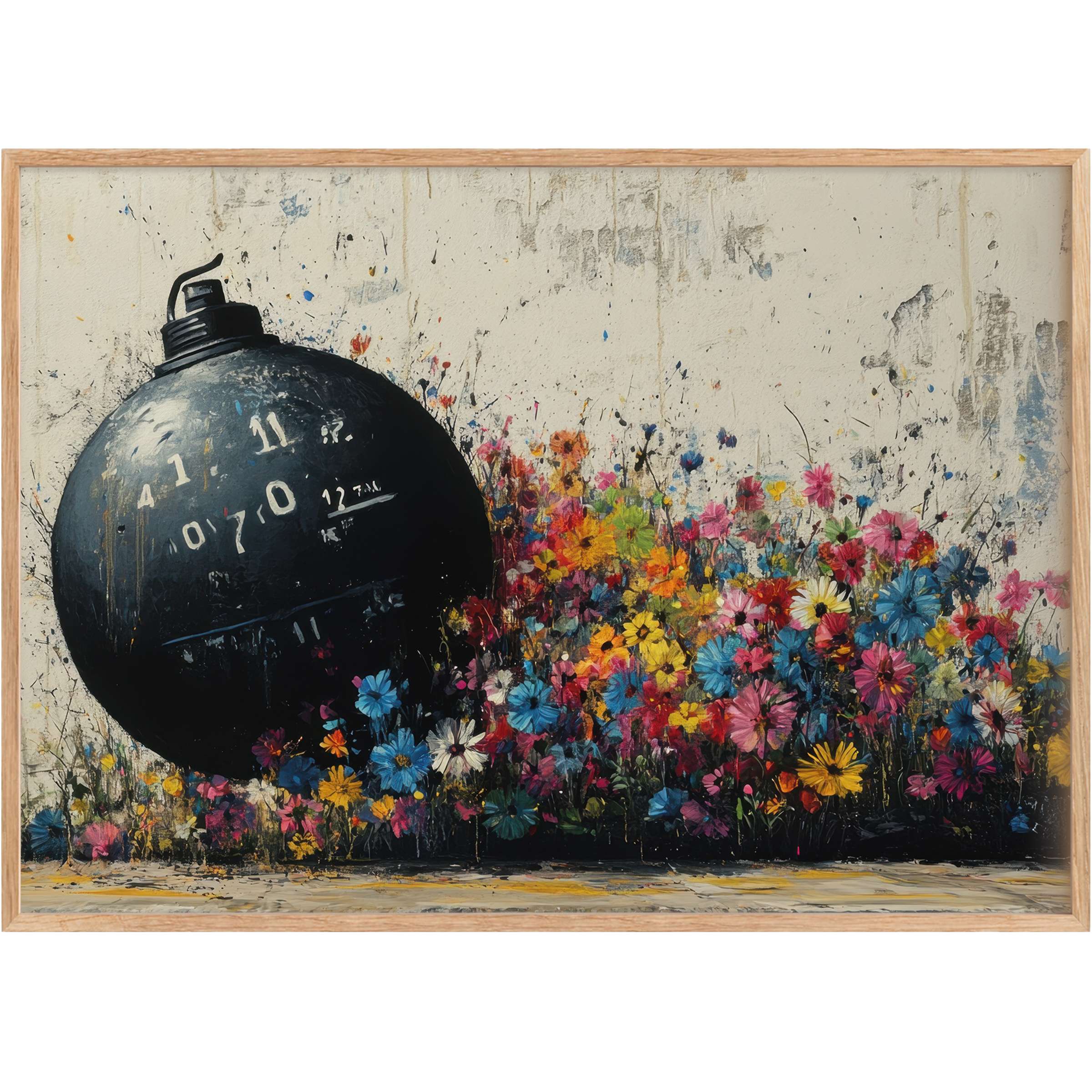 Bold street art printable wall art blending gritty black bomb imagery with vibrant, radiant blooms in pink, blue, and yellow