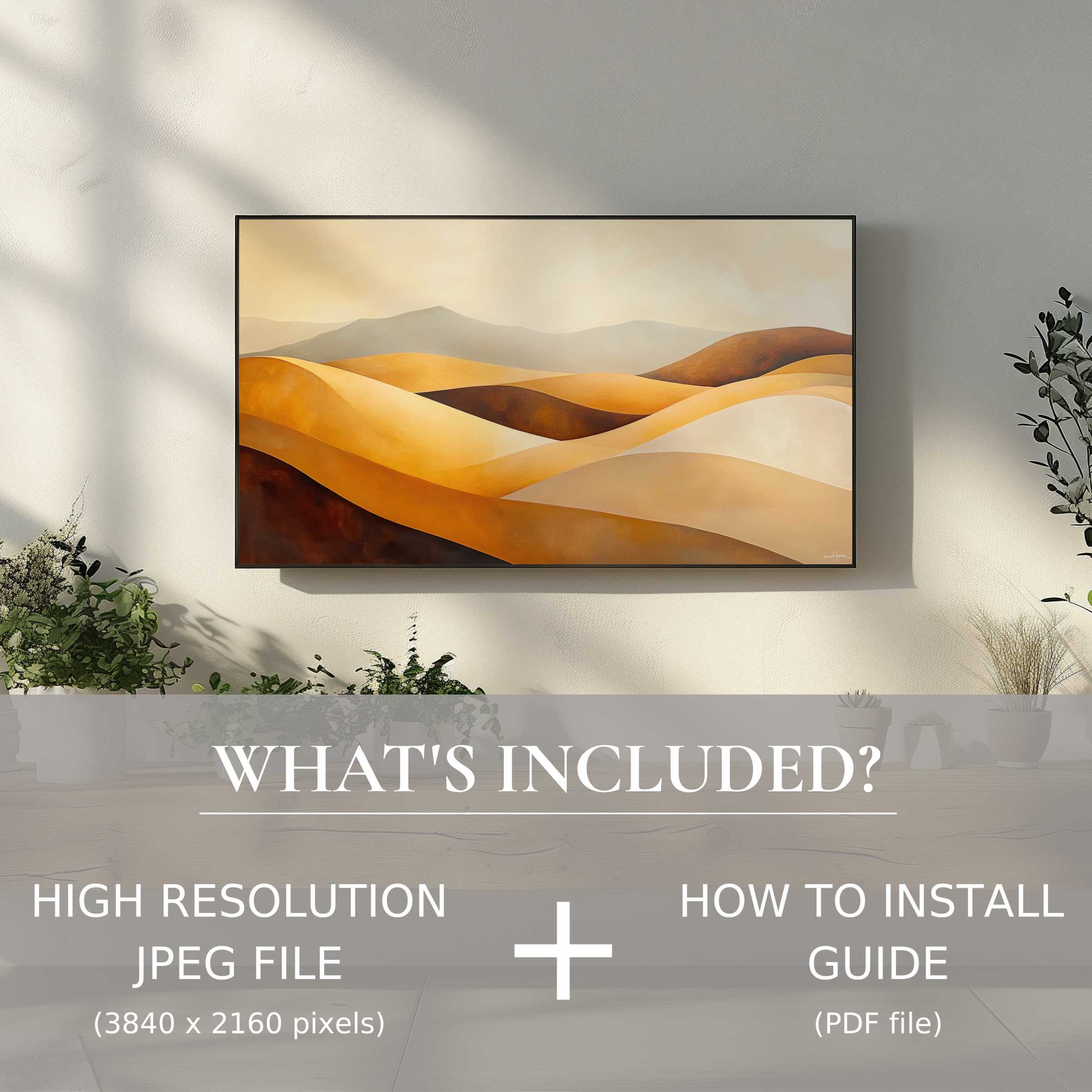 Elegant desert landscape enhances living space with modern digital TV art download, easy to use instantly