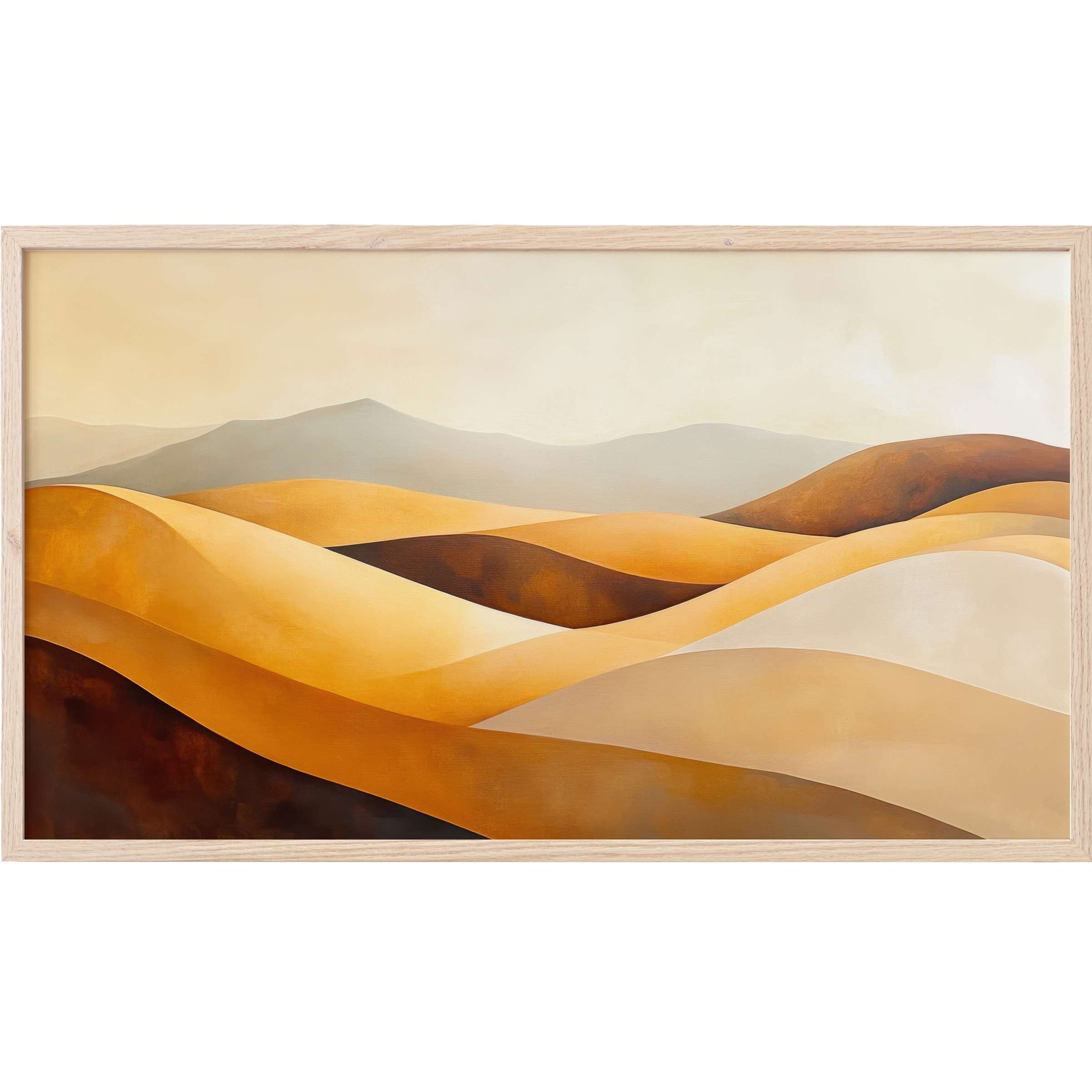 Modern Frame TV Art depicting soft, undulating hills in warm ochre, beige, and brown tones, exuding serene elegance