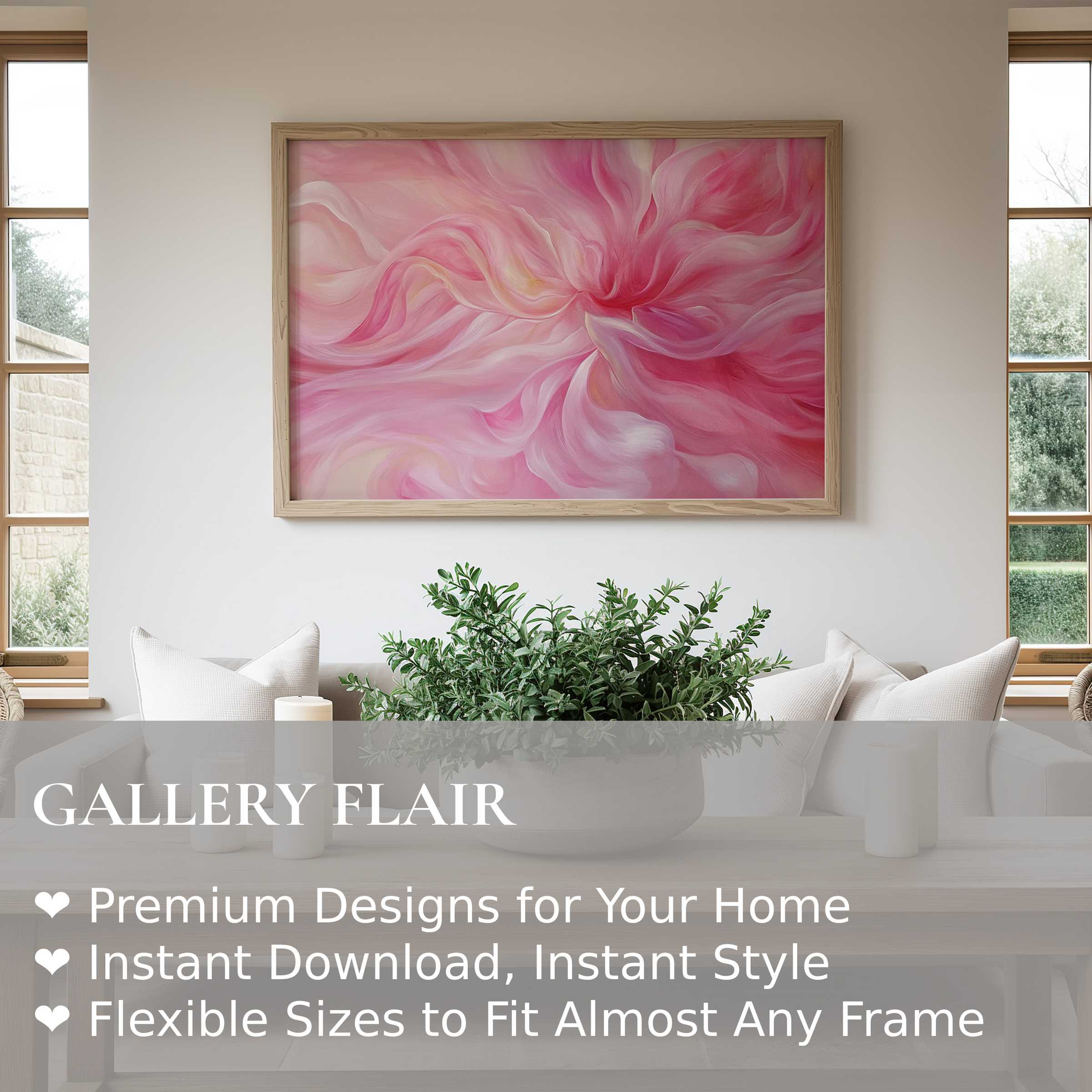 Abstract wall art print with flowing pink petals, radiating soft elegance in a serene modern living space, enhancing chic home decor