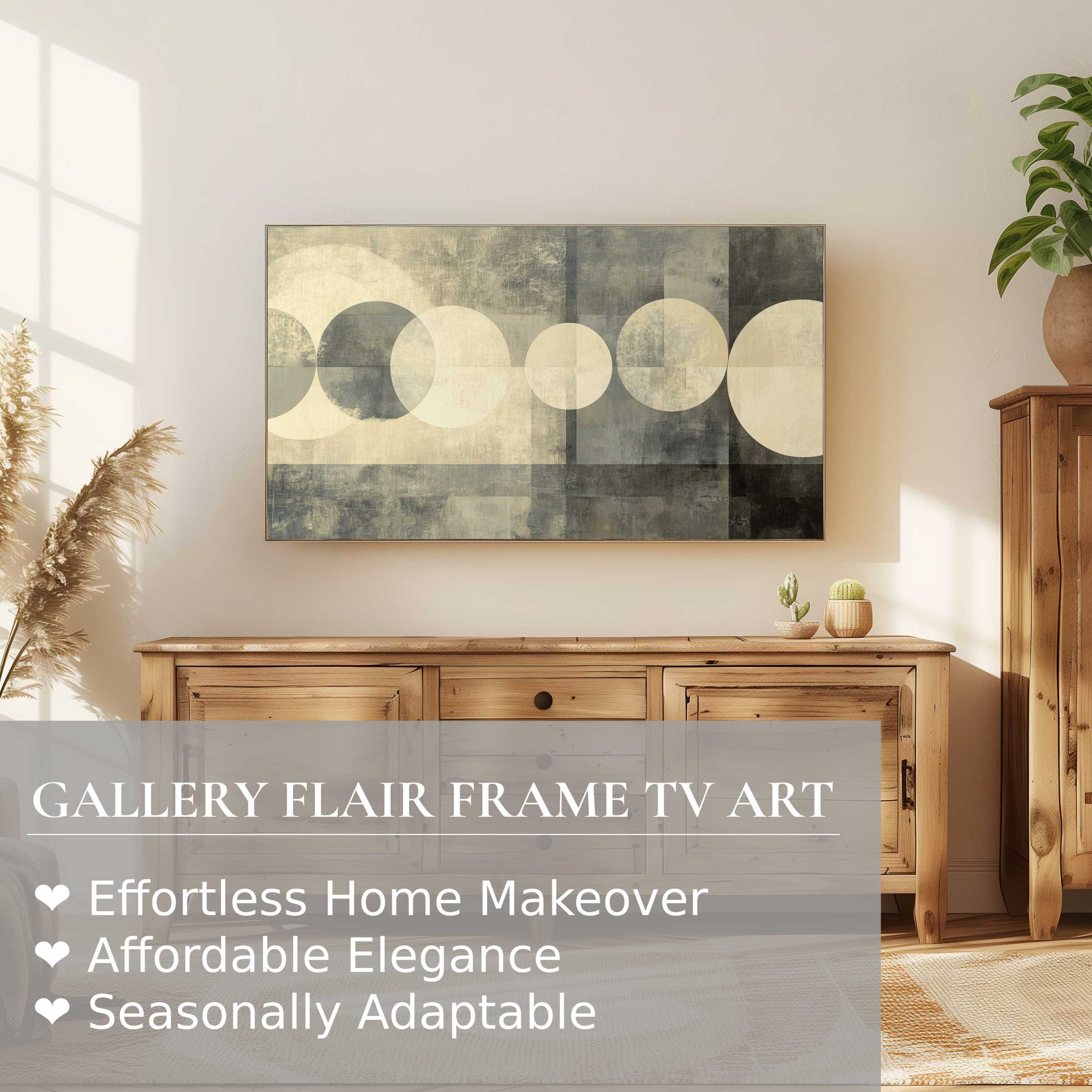Samsung Frame TV displaying neutral digital artwork with geometric circles in a warm, elegant modern living room setting
