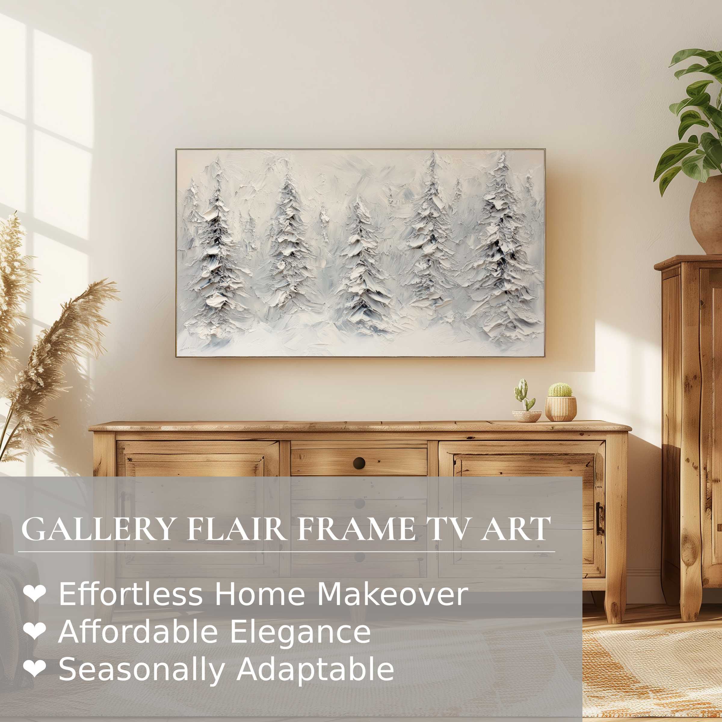 Modern Samsung Frame TV displaying textured tree digital artwork in a warm, natural wood living room setting