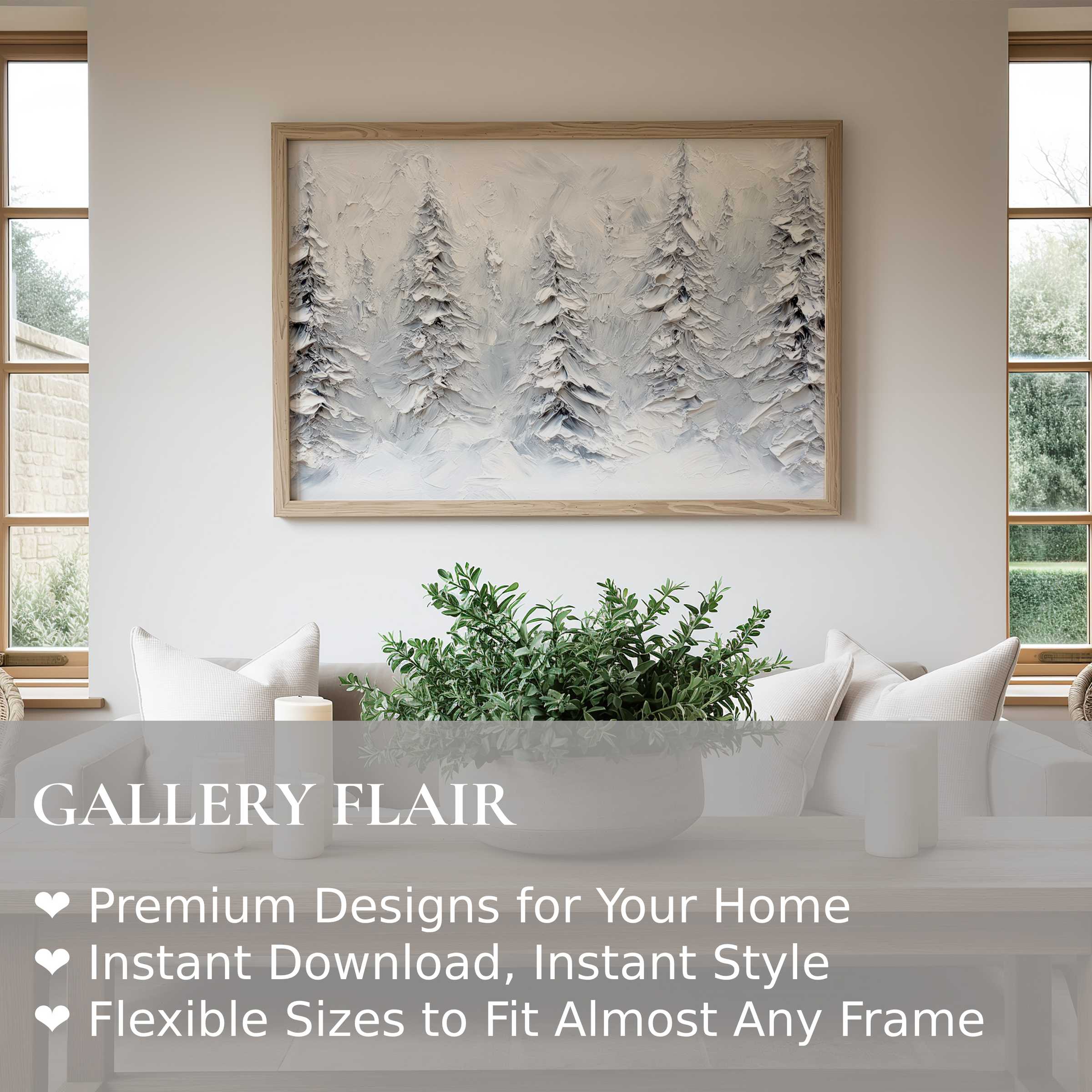 Tree wall art print with textured, serene pine forest in soft neutrals, enhancing modern minimalist interiors with calming elegance