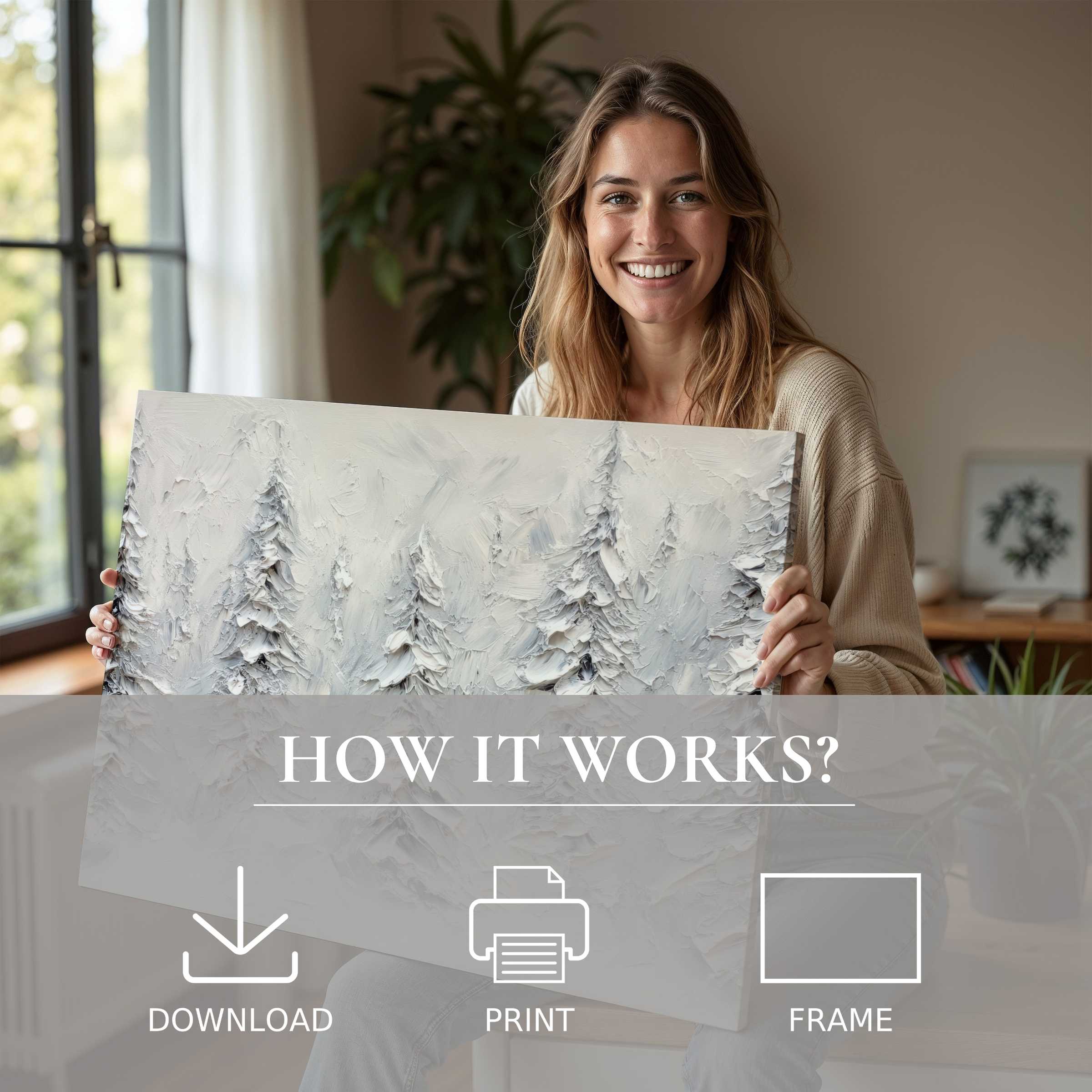 A woman in a serene modern home radiates joy, embracing a textured tree digital art print that transforms space with calm elegance