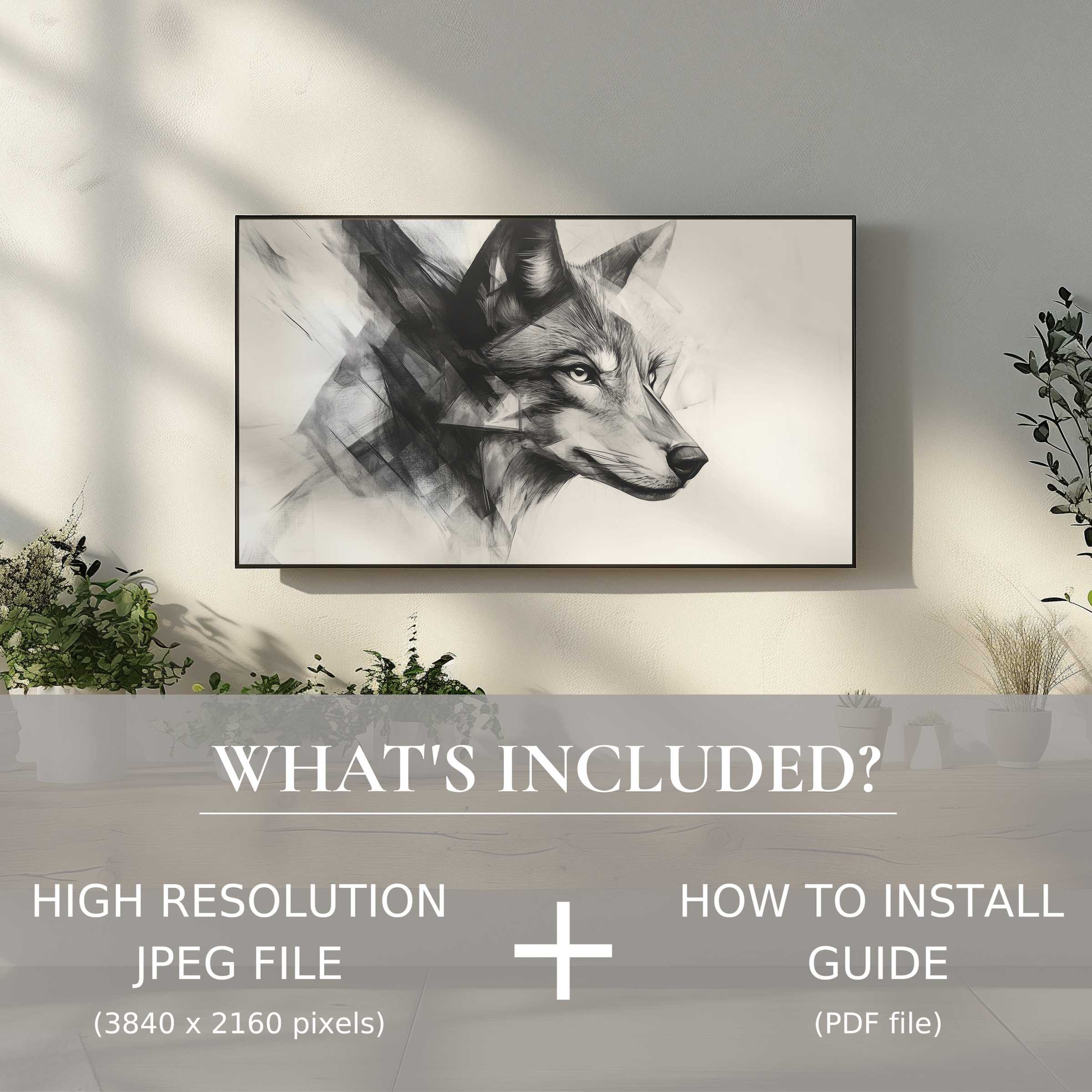 Elegant black and white digital TV art download of a wolf enhances your modern living space with easy digital use