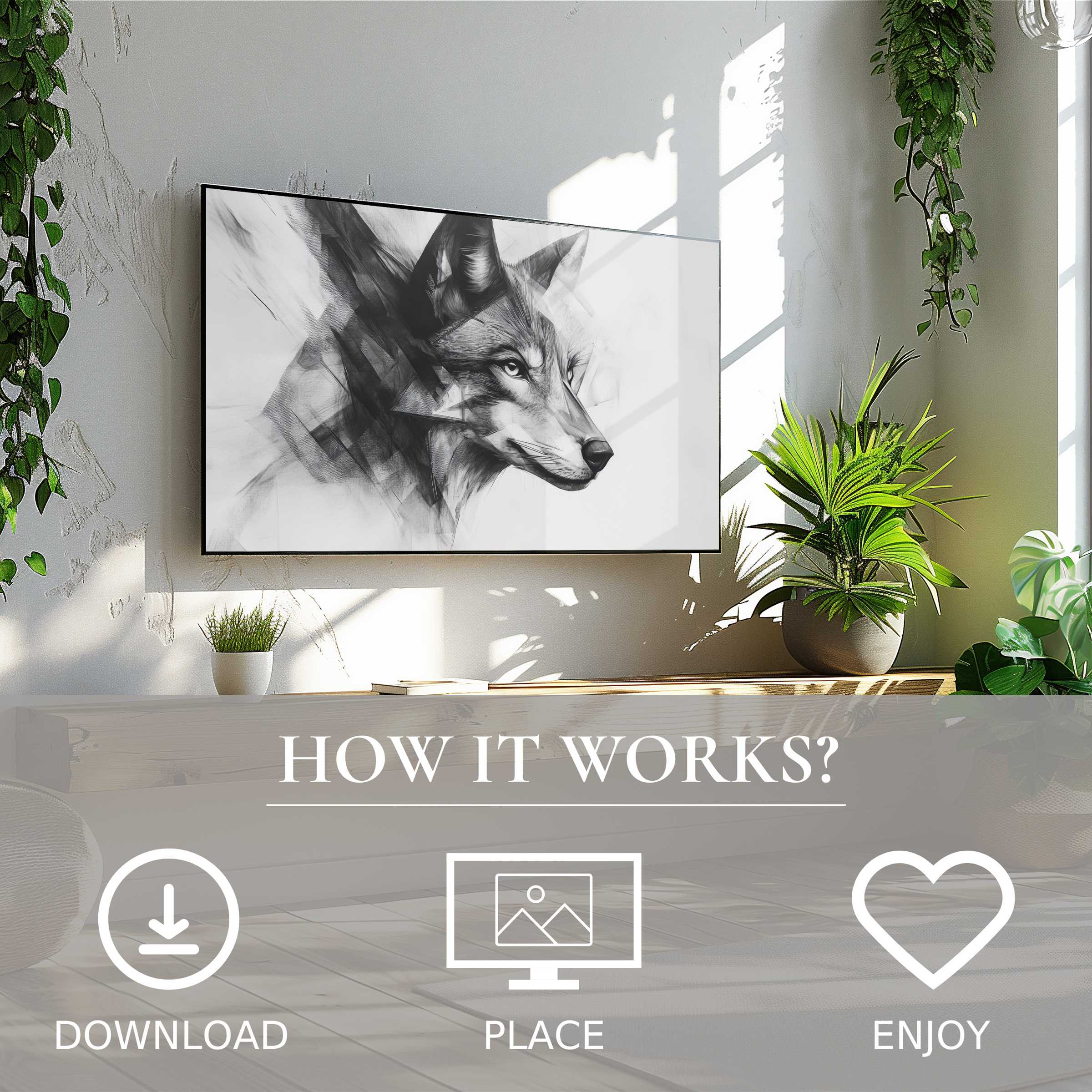 Modern living room with black and white art for Samsung TV showing abstract fox motif, easy digital download décor