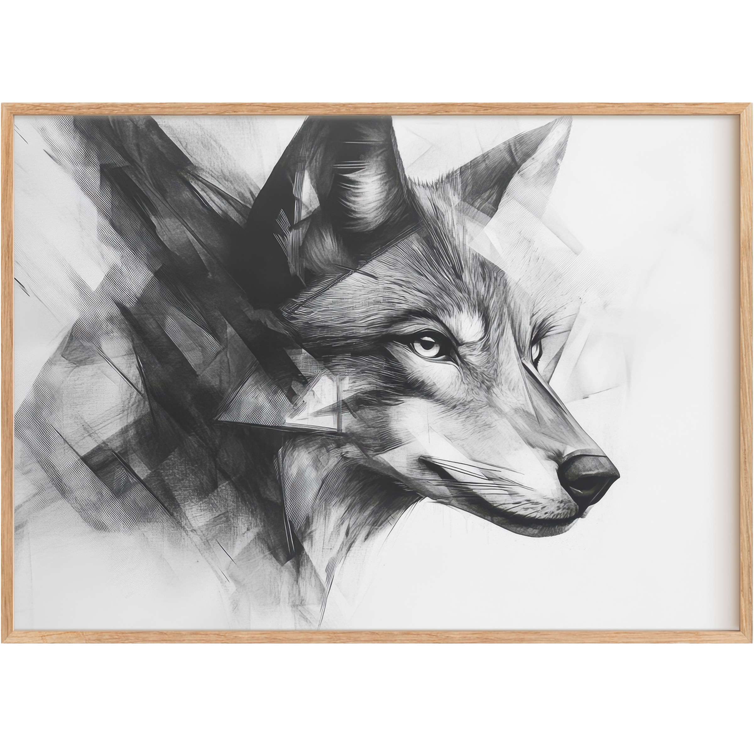 Elegant black and white printable wall art capturing a serene, poised wolf in soft grayscale tones, inspiring calm and sophistication