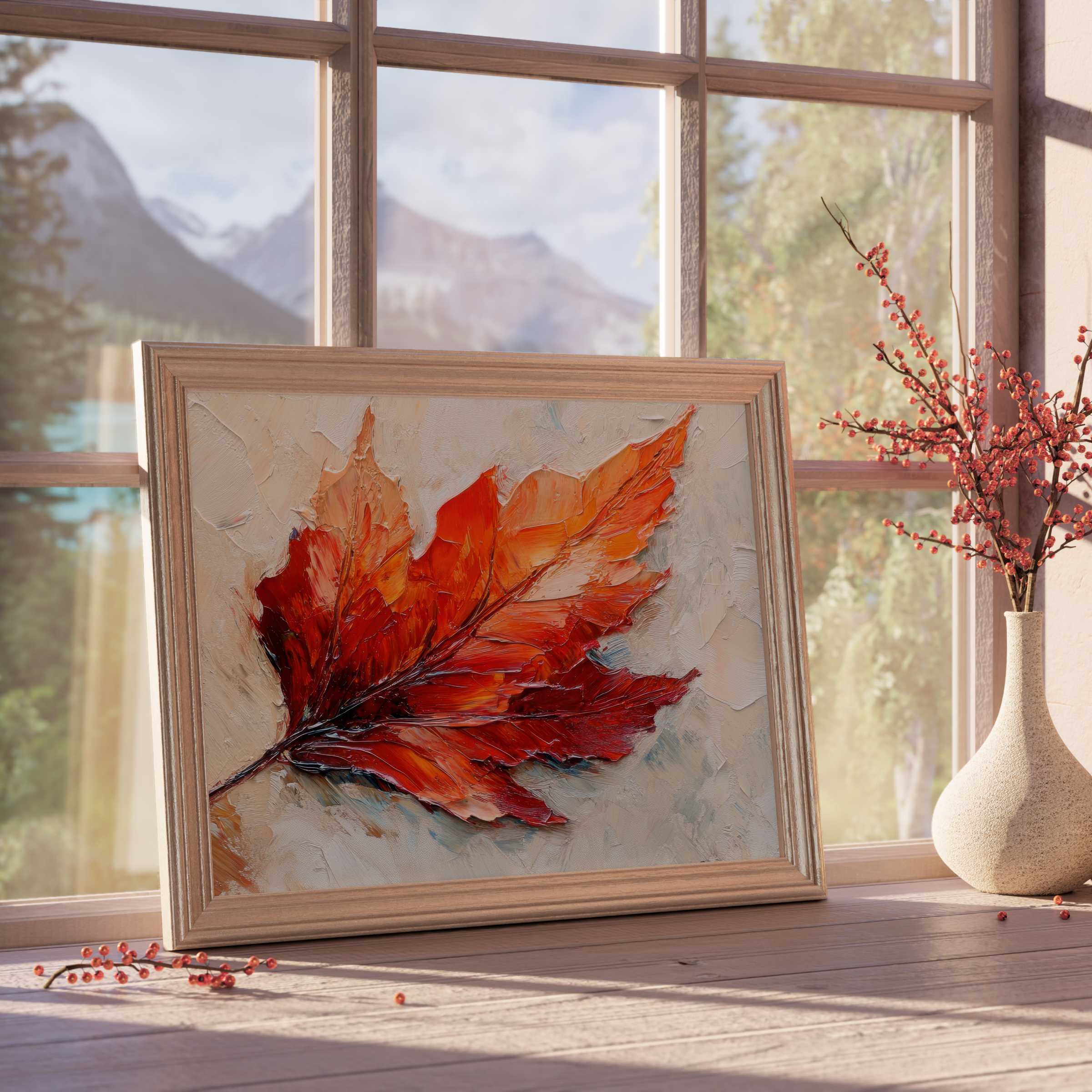 Fall downloadable art showcasing a vibrant, textured maple leaf in warm amber and ruby hues, perfect for curated, serene interiors