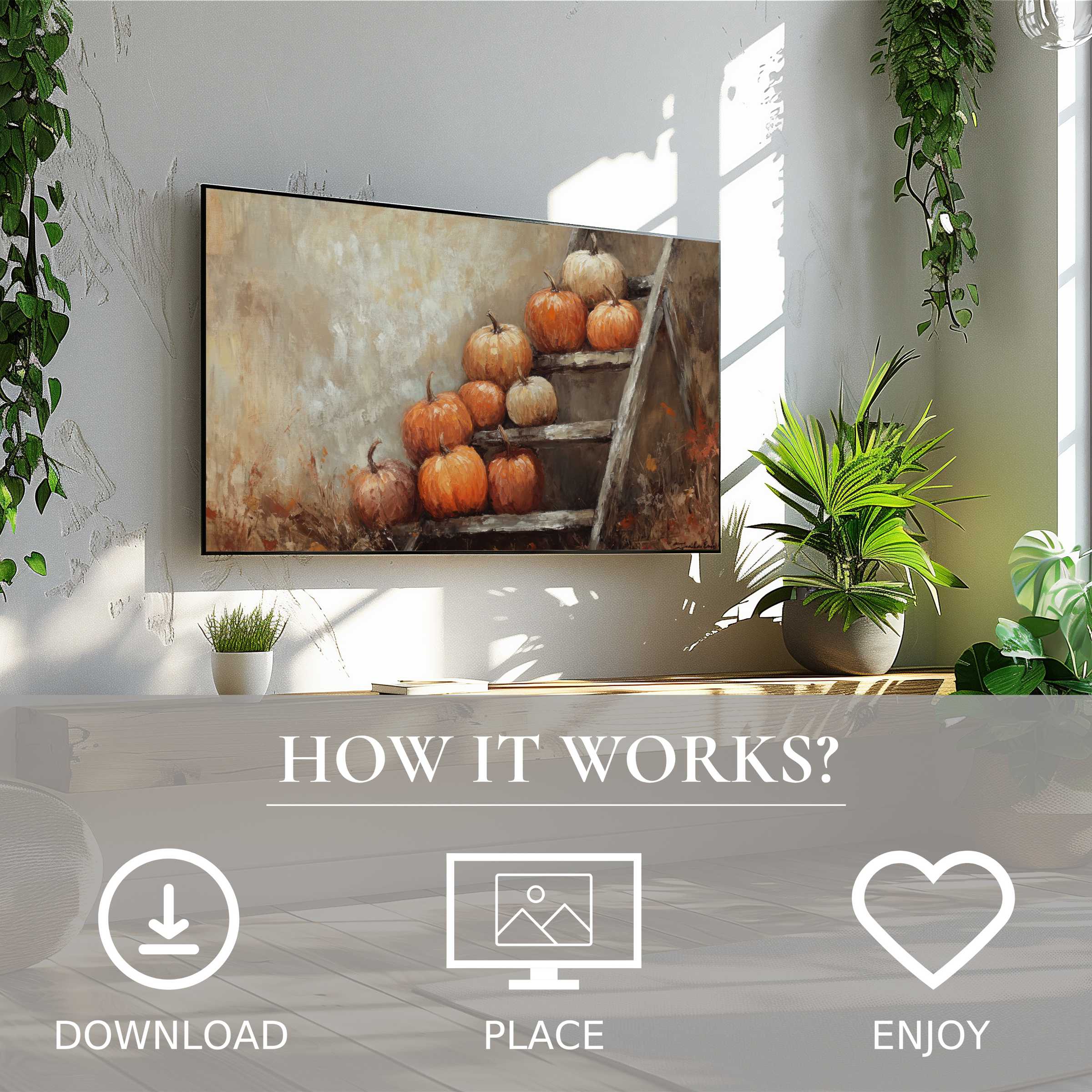 Farmhouse art for Samsung TV shows warm pumpkin tones on stairs, easy digital download enriches modern living spaces