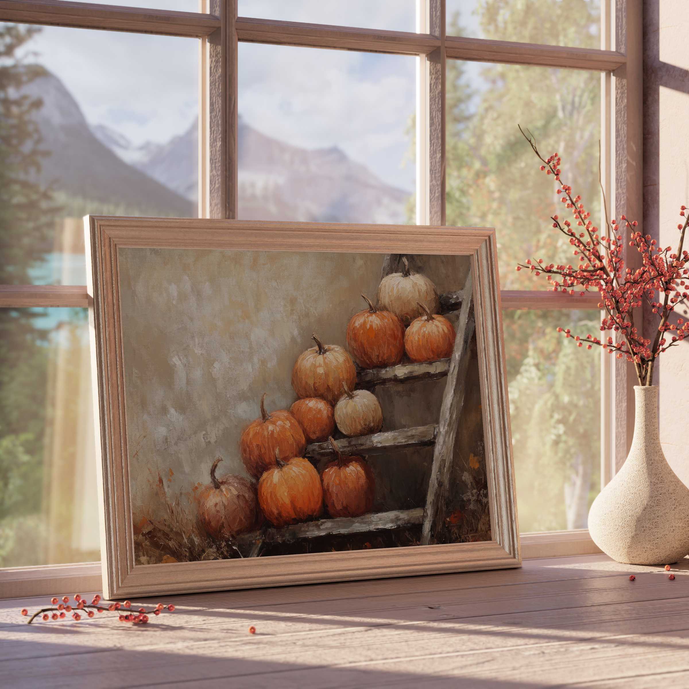 Farmhouse downloadable art featuring warm pumpkins on rustic ladder, enhancing tranquil, curated interiors with cozy autumn charm