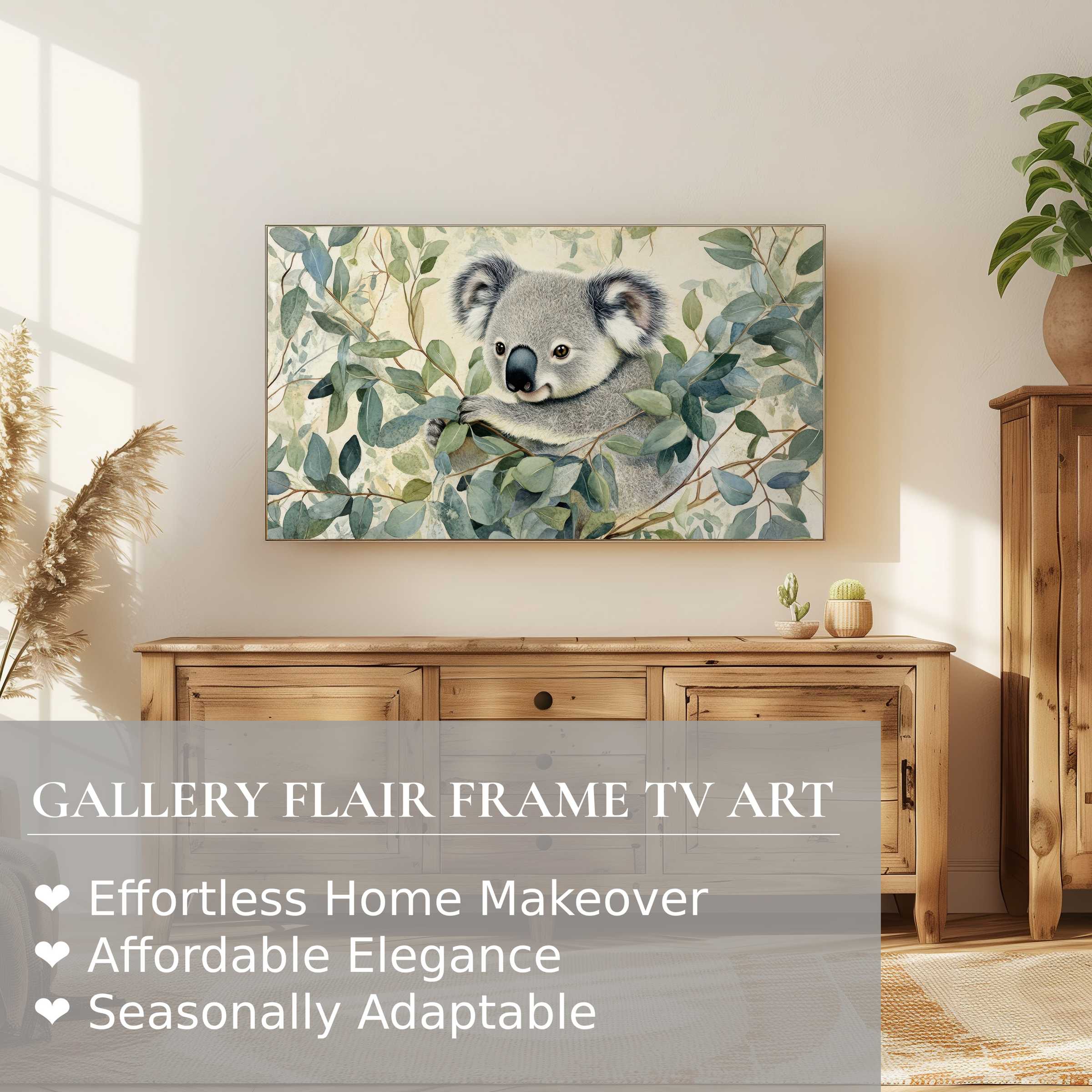 Modern nursery digital artwork of a koala on Samsung Frame TV in warm, natural wood setting for refined decor