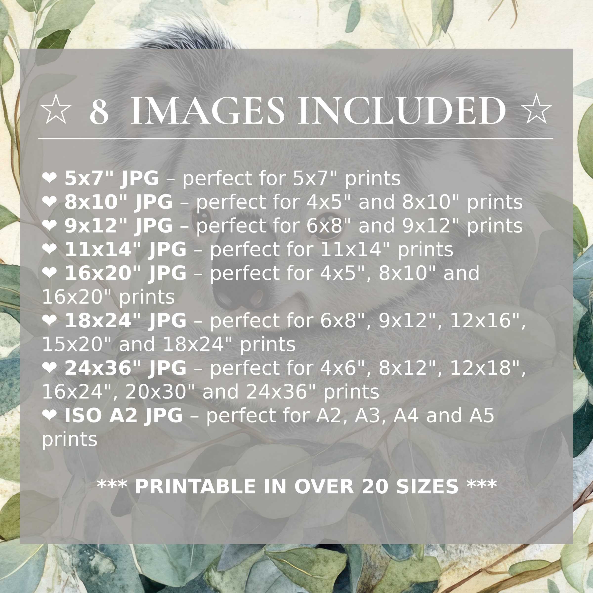 Nursery digital print boasting a radiant koala in soft gray and lush green hues, elevating modern interiors with style and eight included high-res sizes for versatile luxury