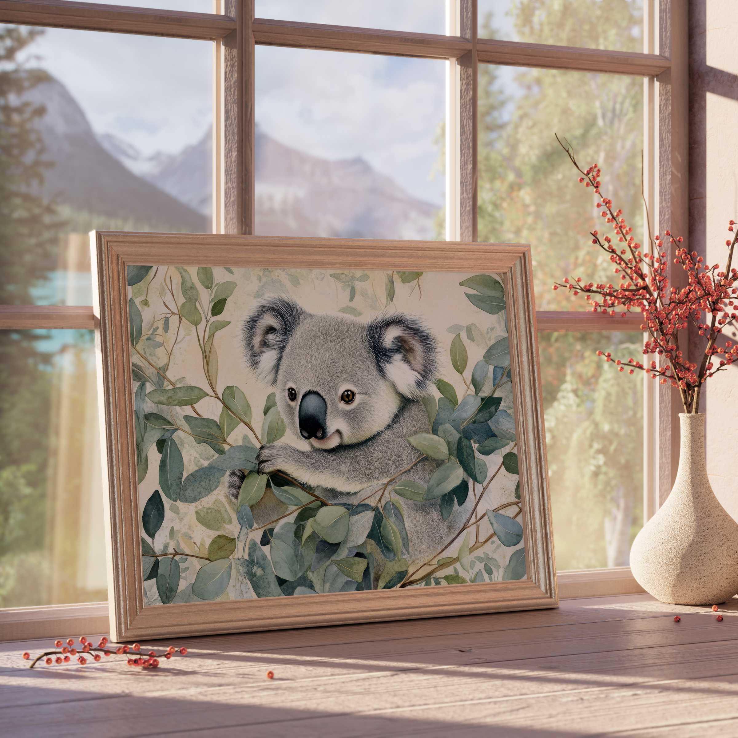 Nursery downloadable art featuring a serene koala embraced by lush eucalyptus, perfect for tranquil, design-forward children’s rooms
