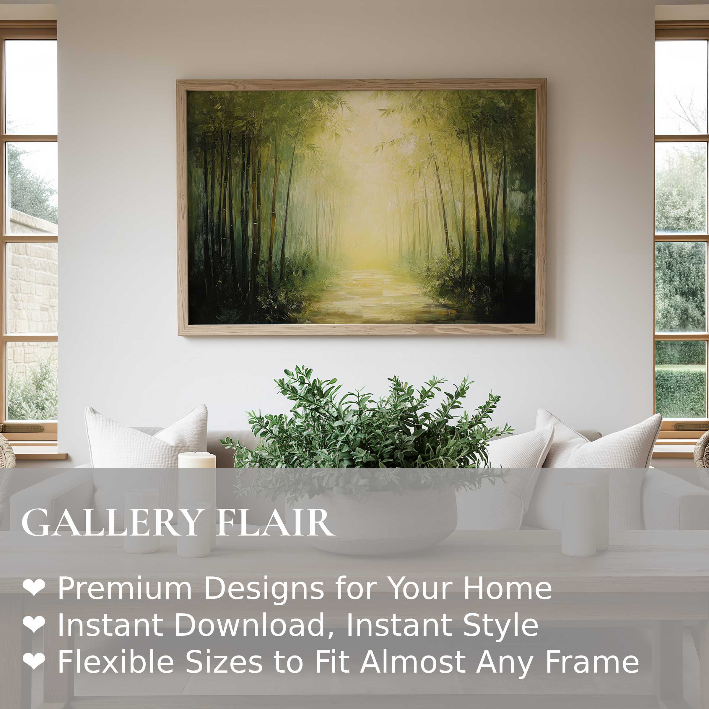 Botanical wall art print featuring a serene, radiant forest path in soft greens and golds, enhancing modern, minimalist interiors with calming, nature-inspired elegance