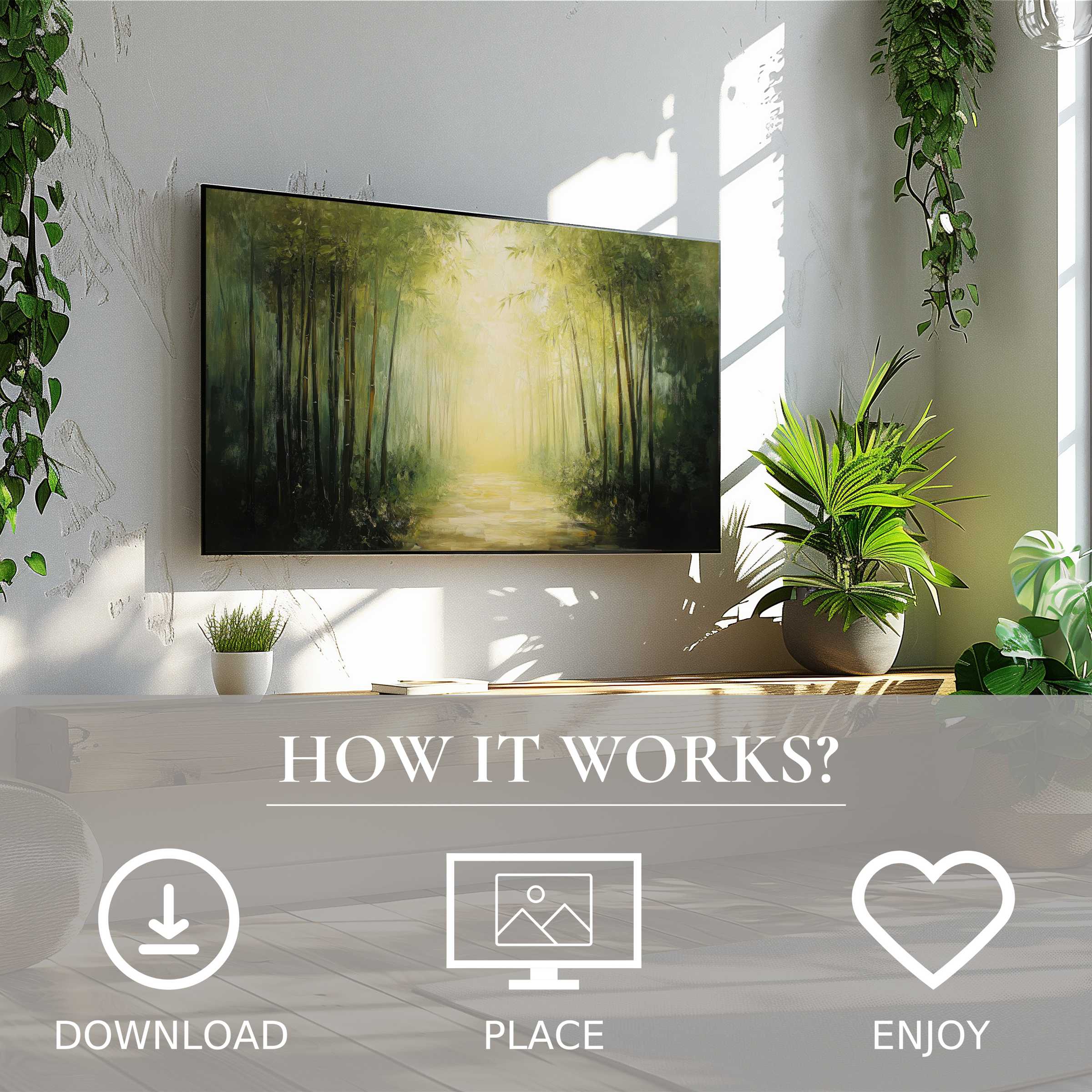 Botanical art for Samsung TV shows soft green forest glow, easy digital download enriches modern living spaces