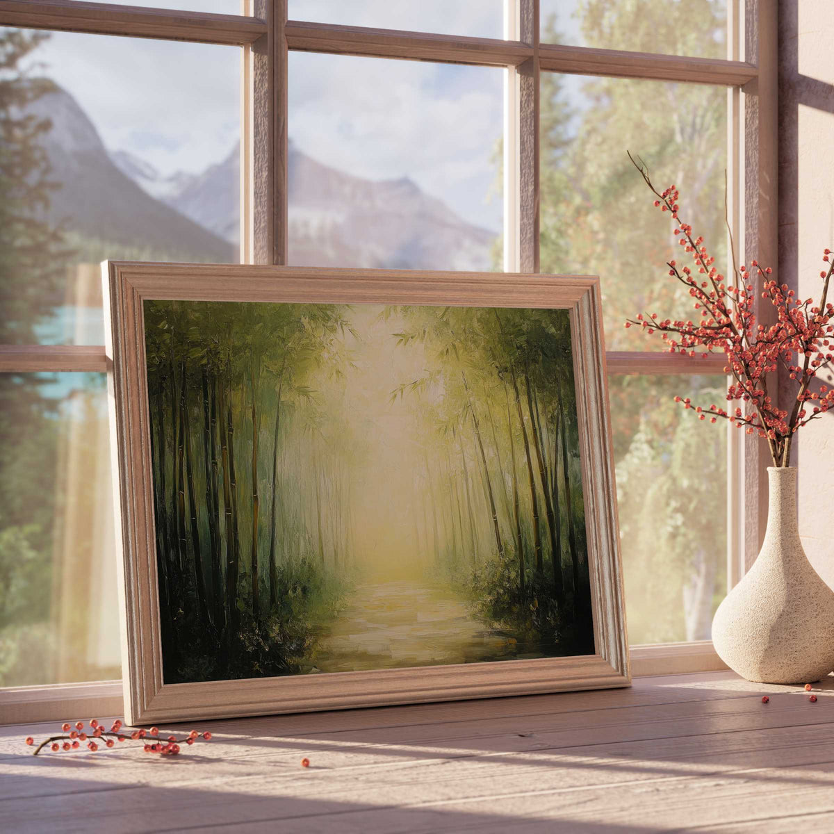 Botanical downloadable art capturing a serene bamboo forest pathway, elevating tranquil, design-forward interiors with natural elegance