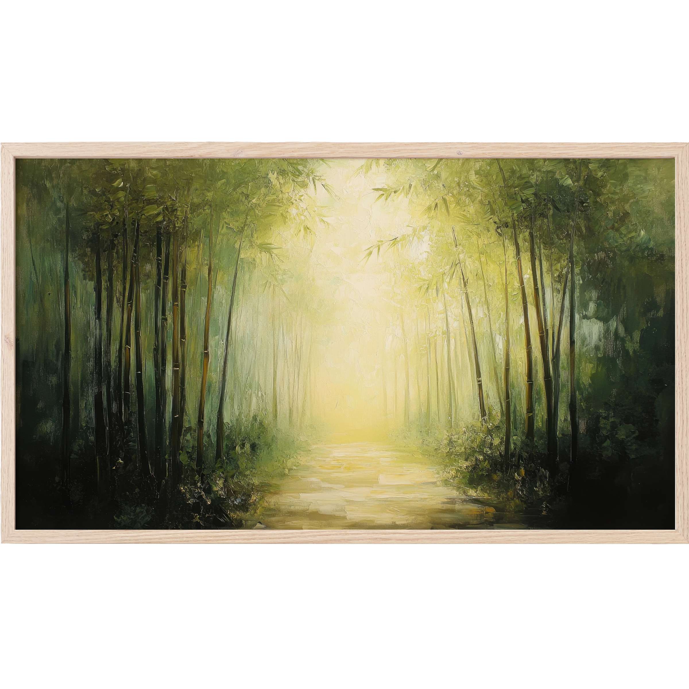 Serene bamboo forest pathway in soft green and golden hues, elegant botanical Frame TV Art for modern interiors