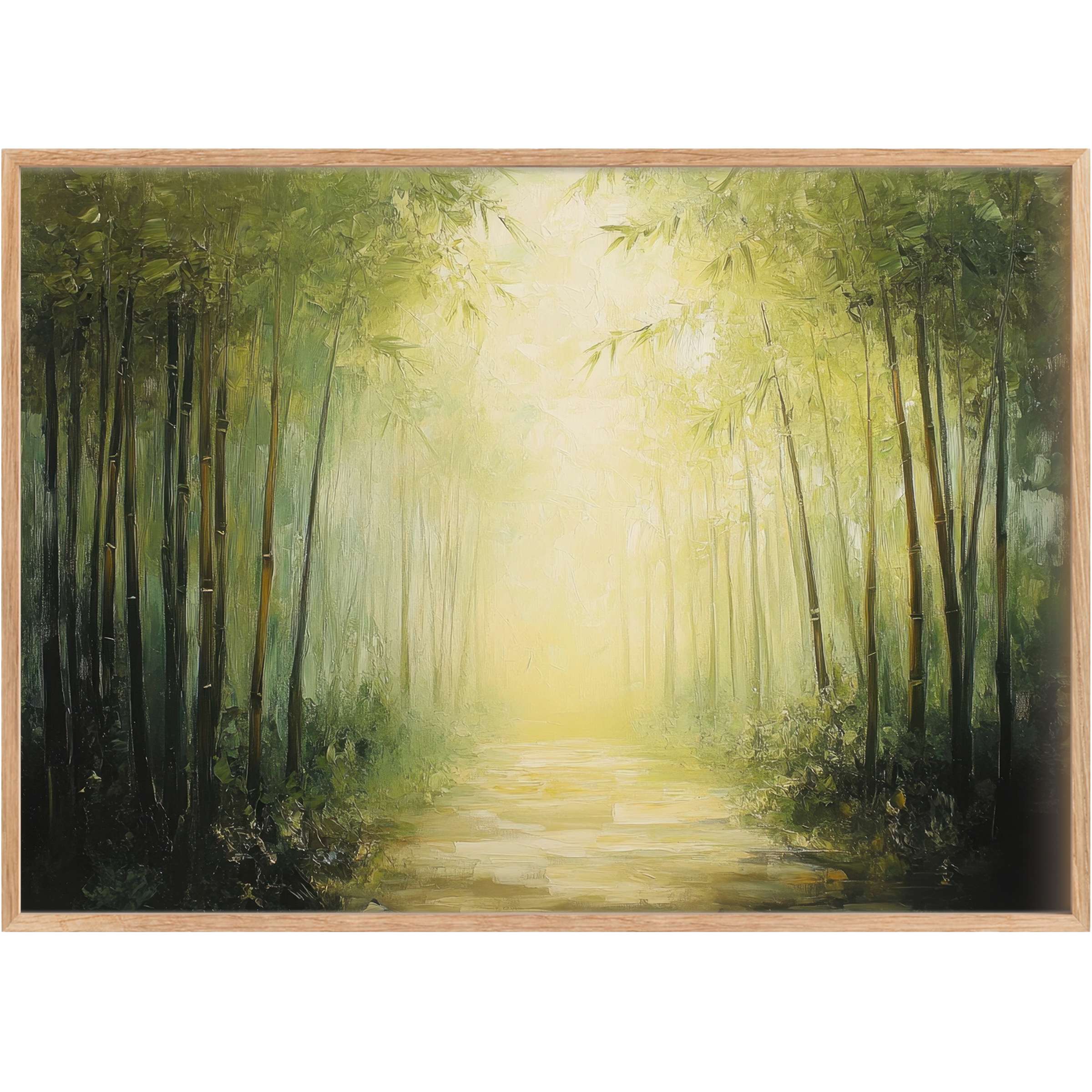 Botanical printable wall art capturing a serene bamboo forest path in soft greens and golden light, evoking tranquility and natural elegance