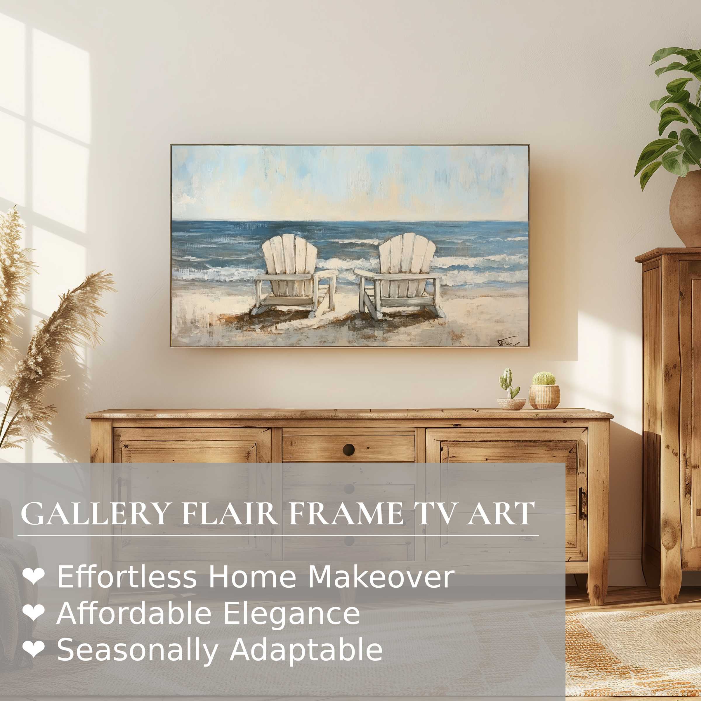 Samsung Frame TV displaying serene beach digital artwork with Adirondack chairs in a modern, natural wood setting