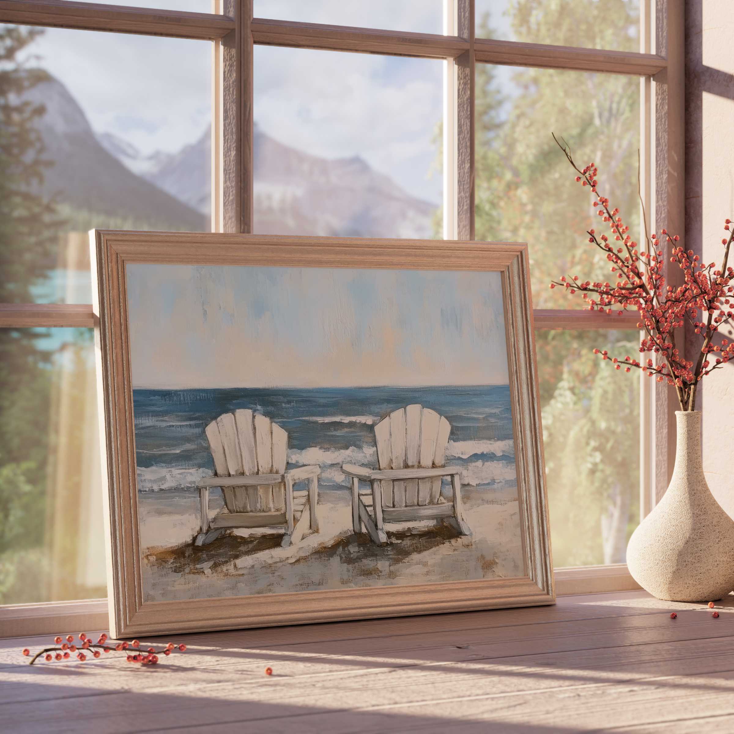 Serene beach downloadable art featuring Adirondack chairs by gentle waves, perfect for elevating tranquil, curated coastal interiors