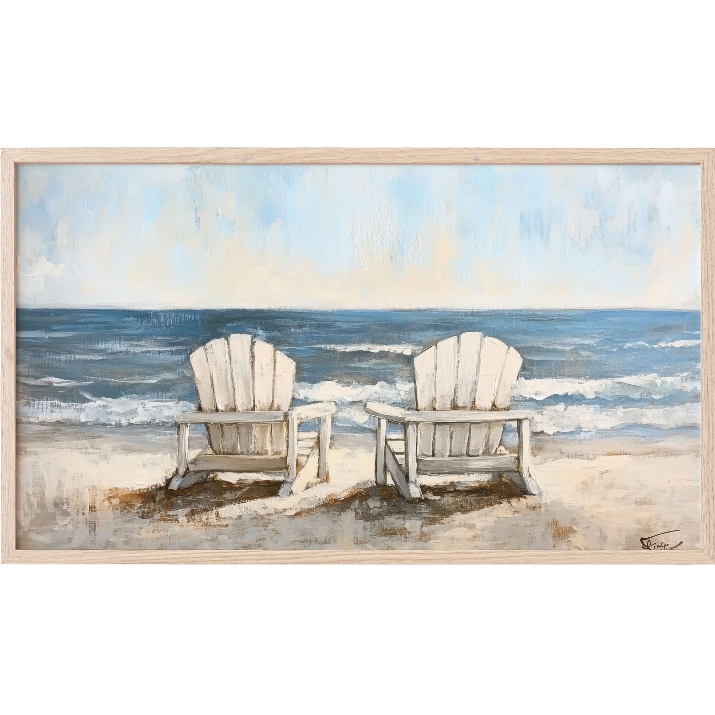 Serene beach scene with two white Adirondack chairs, soft blues and sandy neutrals, beach Frame TV Art