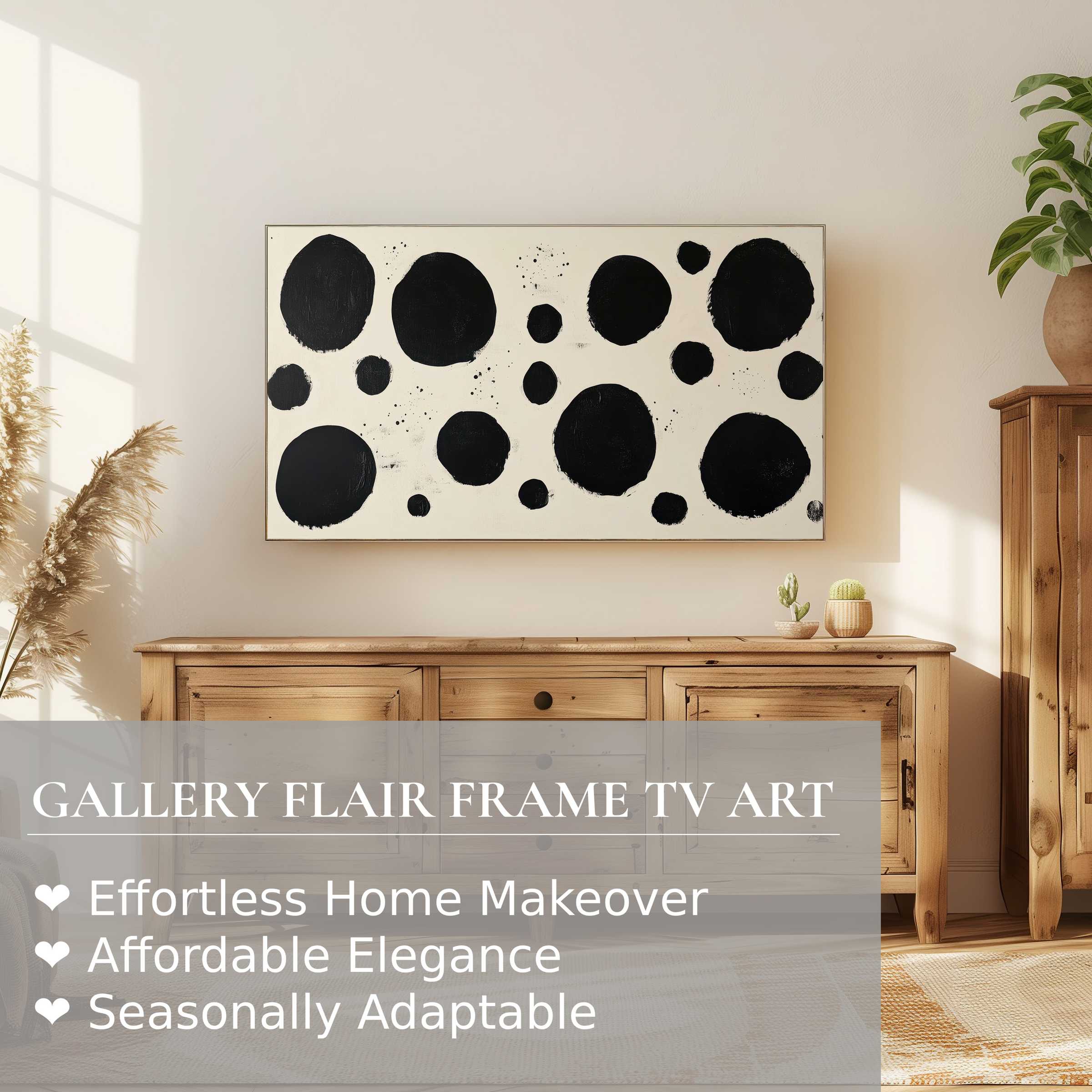 Samsung Frame TV displays minimalist digital artwork with black circles in a warm, modern living space