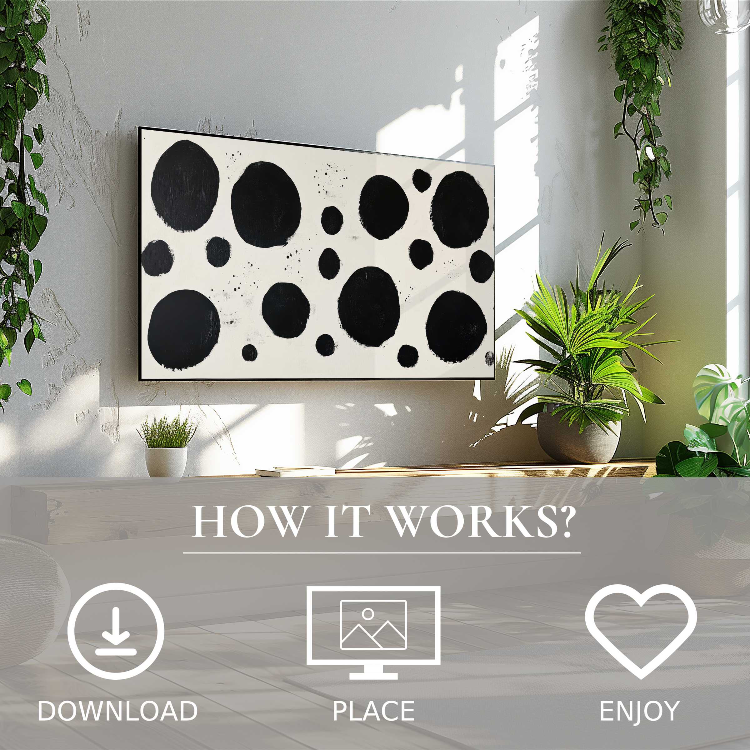 Minimalist art for Samsung TV showing bold black circles on white; simple digital download enriches modern living spaces