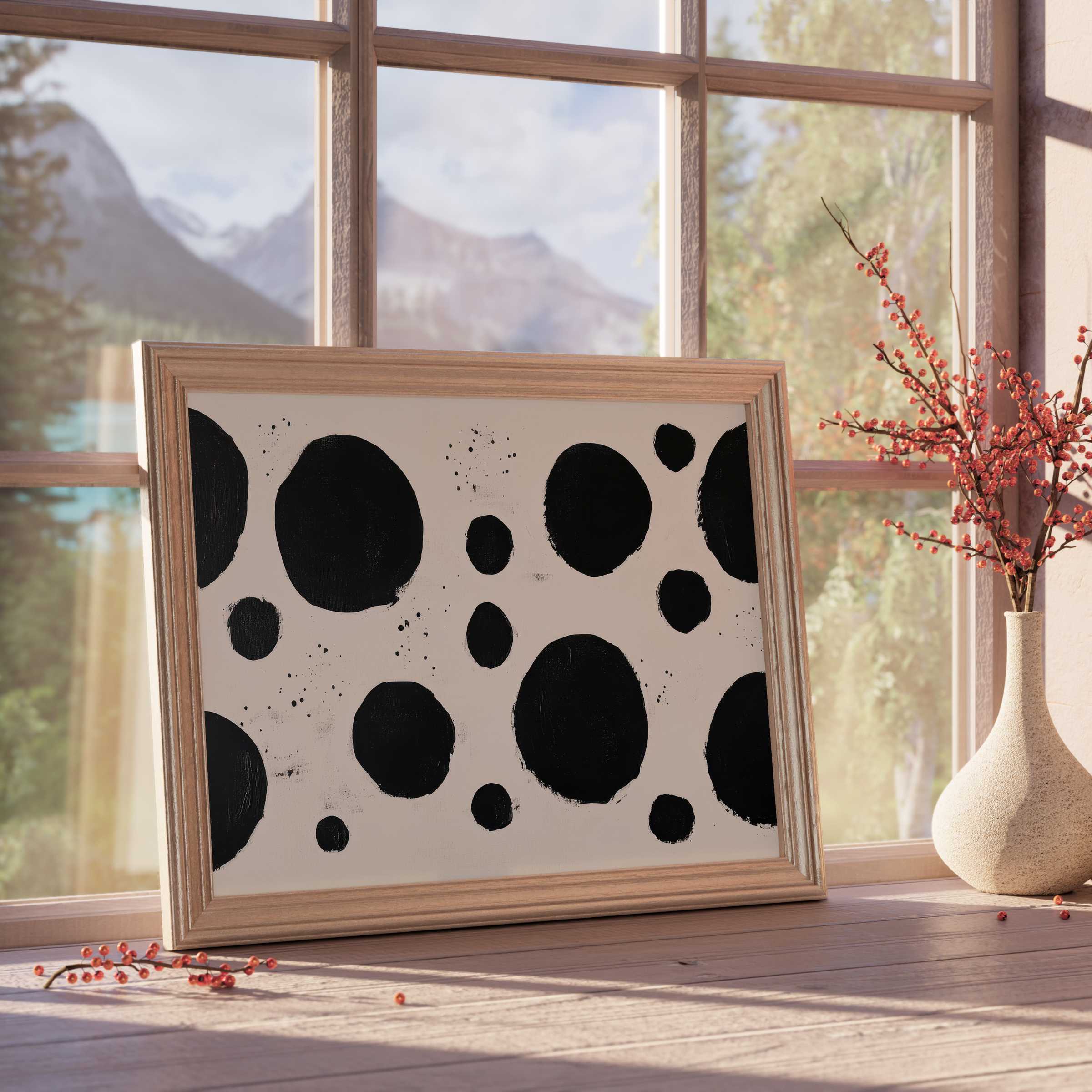 Minimalist downloadable art featuring bold black polka dots on neutral tones, infusing curated, calm elegance into modern, tranquil interiors
