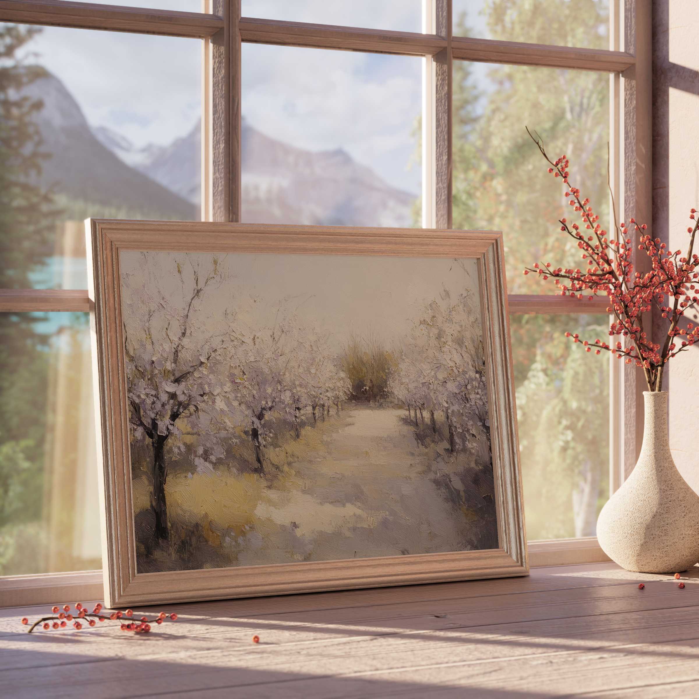 Vintage downloadable art captures a serene orchard path in soft pastels, elevating tranquil, curated interiors with timeless charm