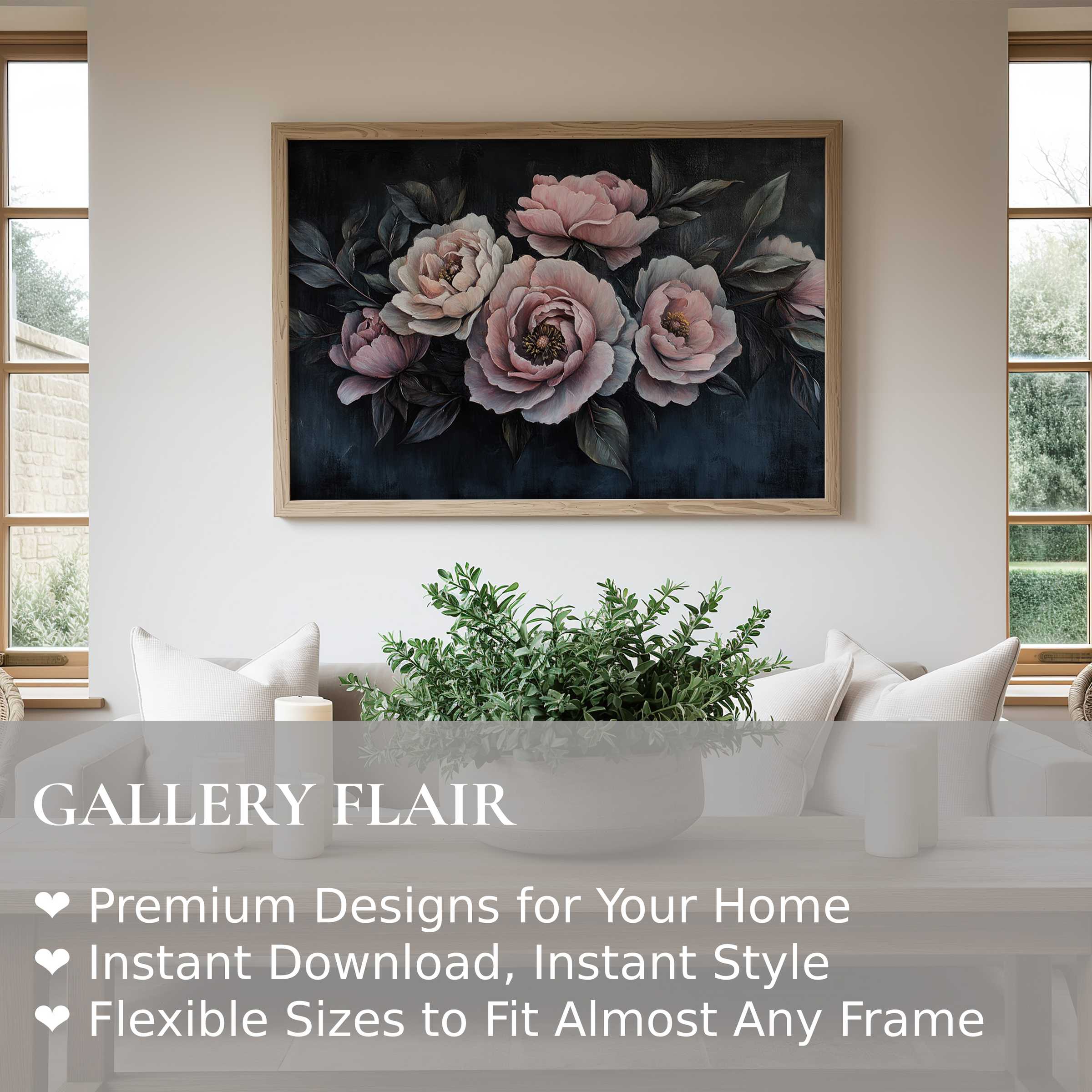 Elegant floral wall art print with soft pink peonies on a dark background, adding a calming, modern touch to minimalist interiors