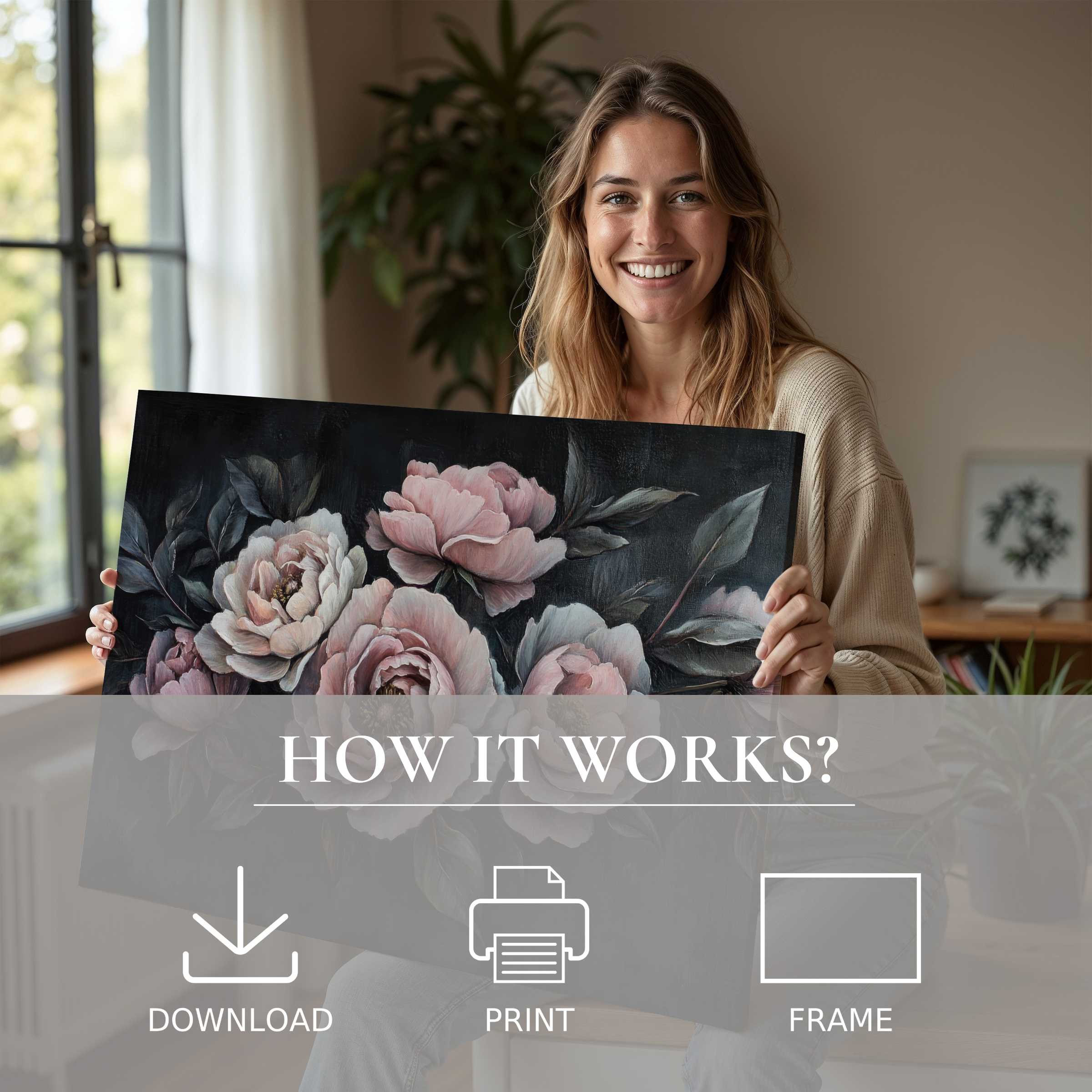 Woman in a modern home radiates joy, embracing a floral digital art print that enriches her serene space