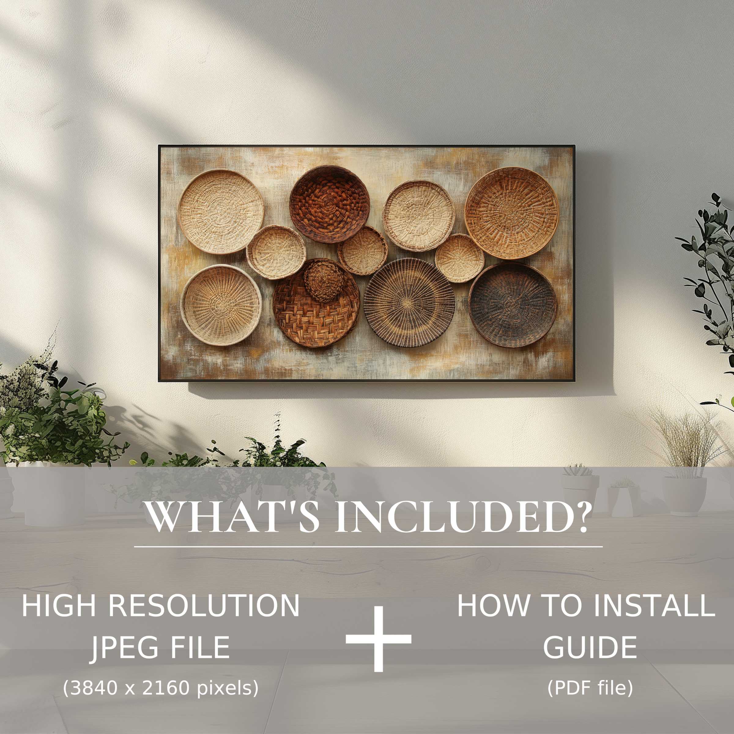 Elegant boho digital TV art download enhances modern living spaces with easy, high-res use and stylish woven baskets decor