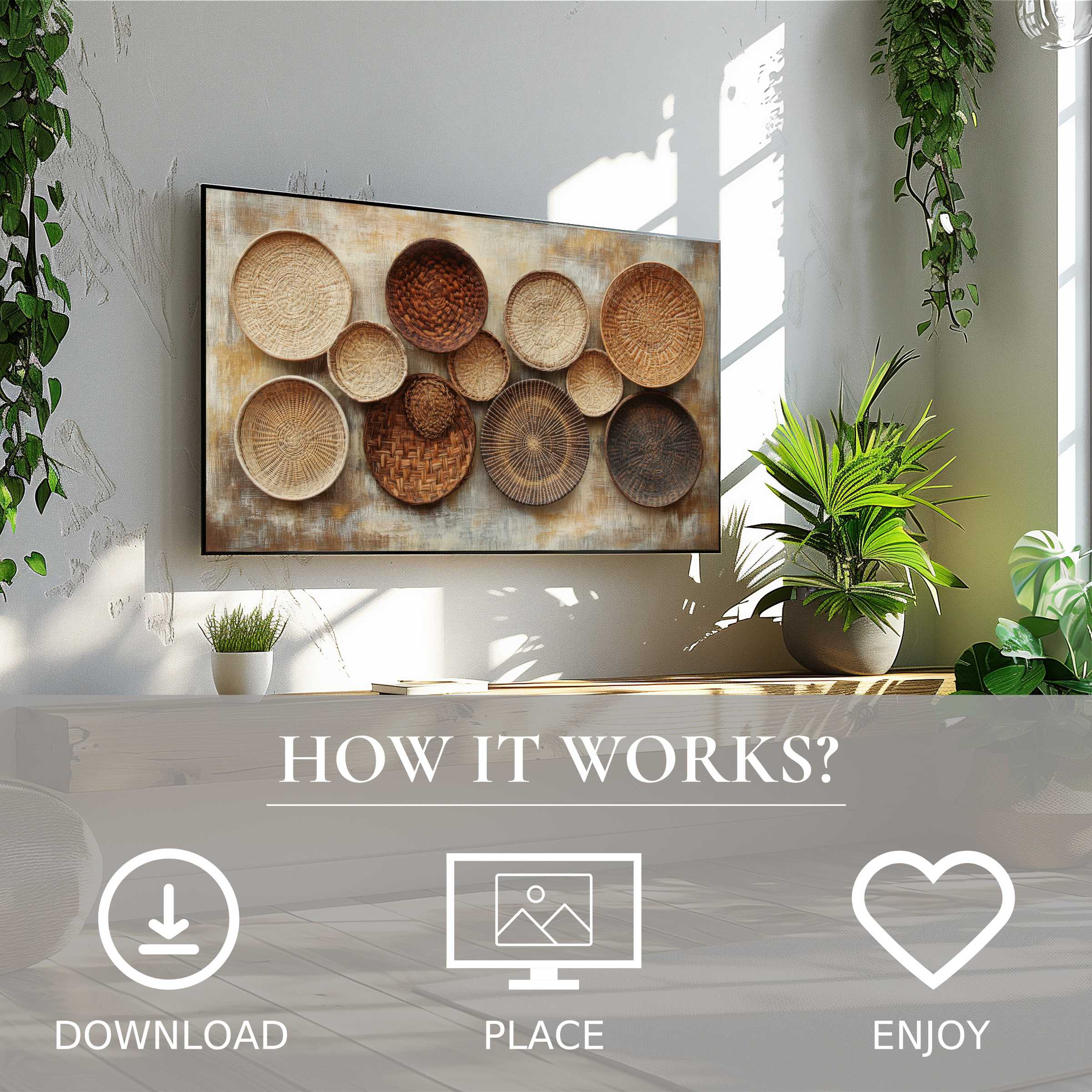 Boho art for Samsung TV shows woven basket motifs in warm earthy tones, easy digital download enriches any space