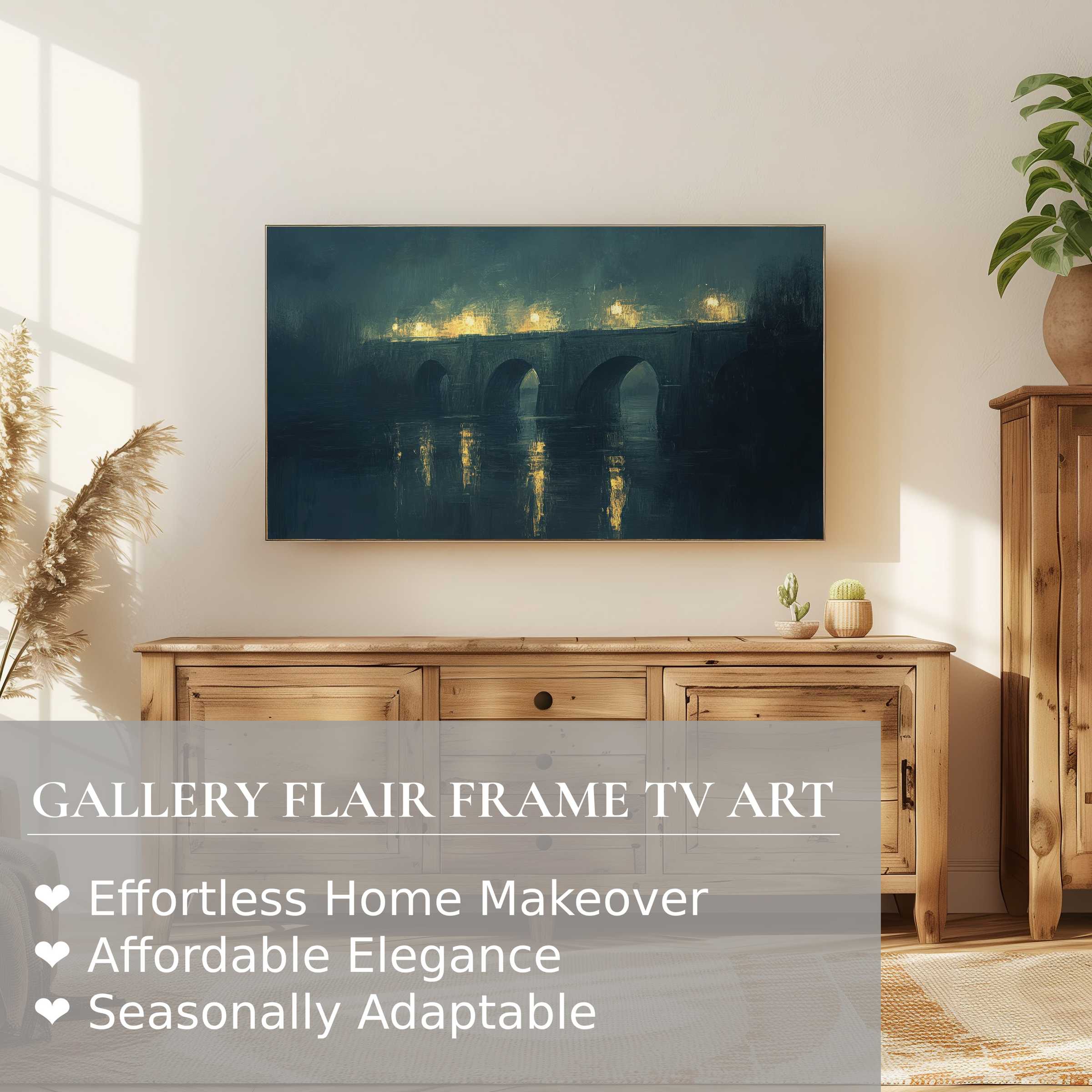 Samsung Frame TV displays moody urban digital artwork of a softly illuminated bridge, enhancing refined home decor