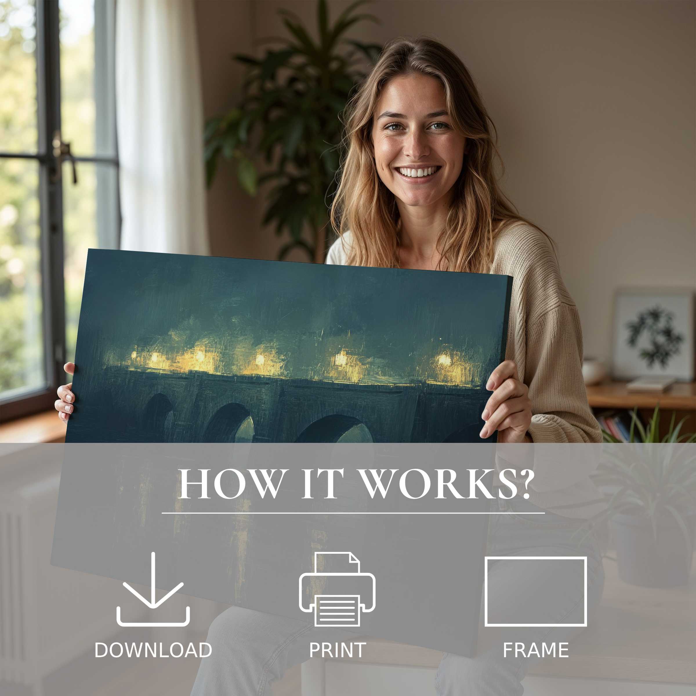 A young woman radiates joy as she embraces an urban digital art print, infusing her modern home with serene, luminous warmth