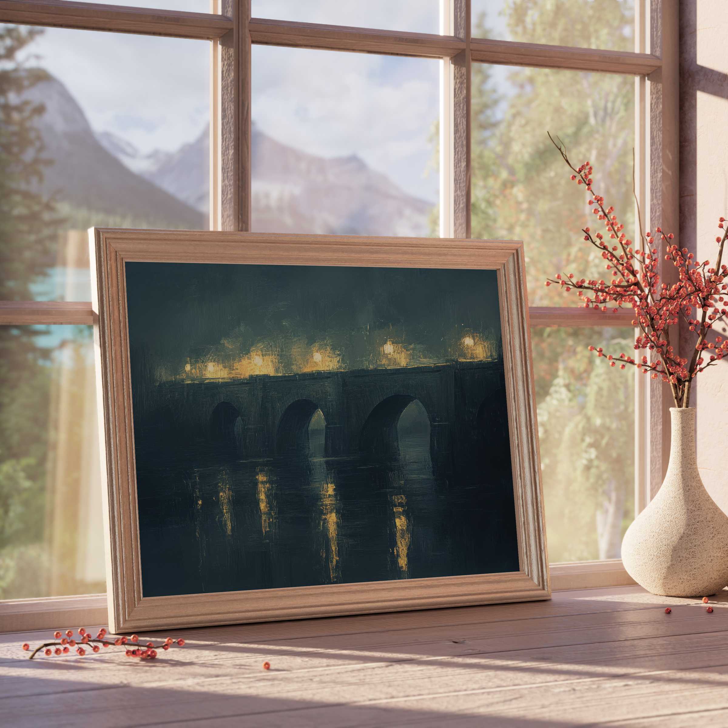 Urban downloadable art depicting a serene nighttime bridge aglow with golden city lights, perfect for refined, tranquil interiors