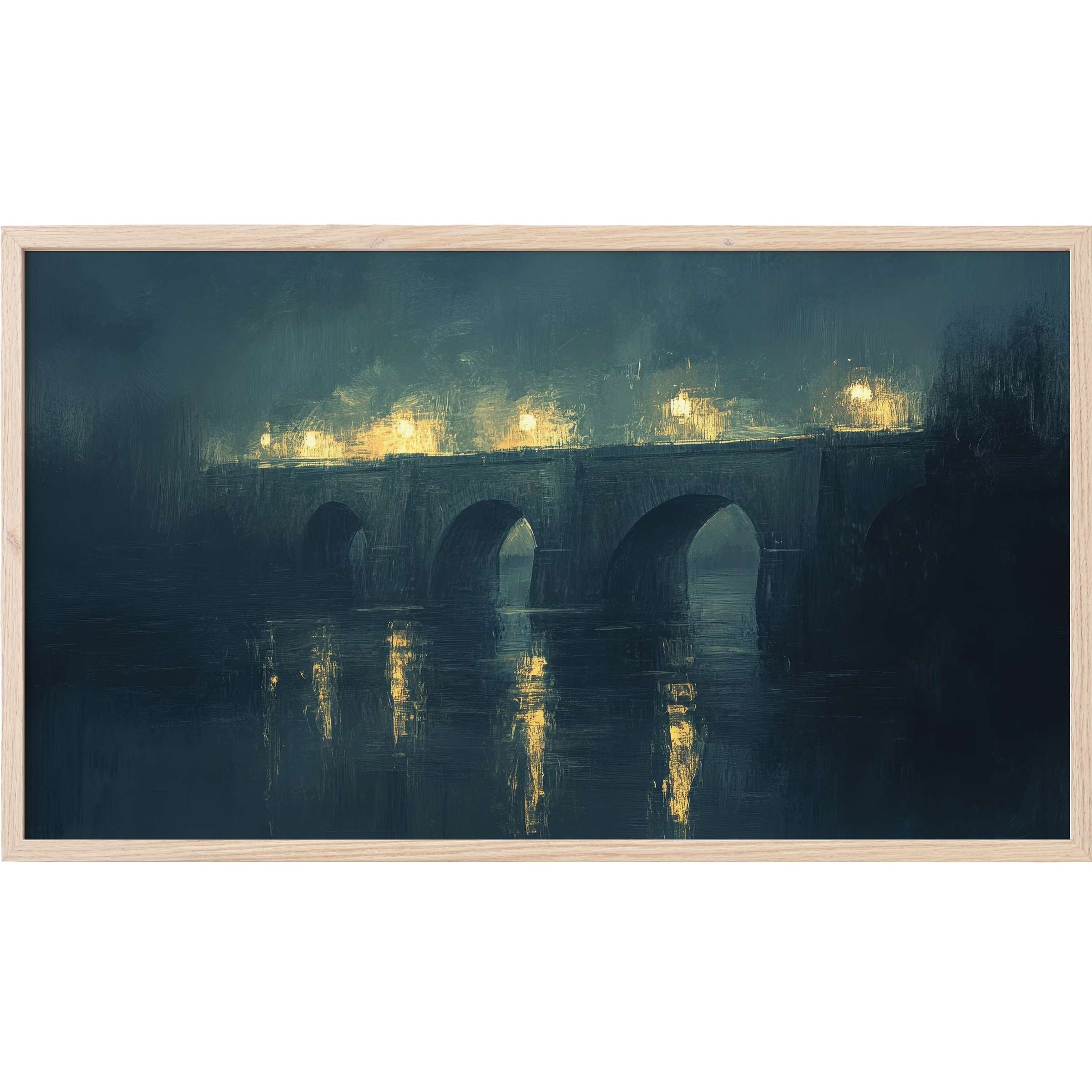 Urban Frame TV Art featuring a moody bridge at night, deep blues with warm golden lights and reflections