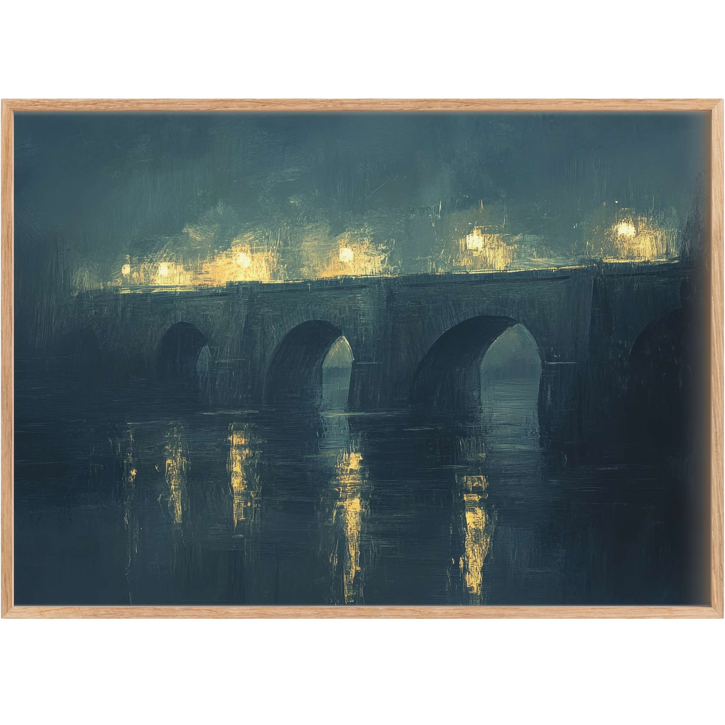 Urban printable wall art capturing a glowing bridge at dusk, casting warm gold reflections on deep blue waters, evoking serene elegance