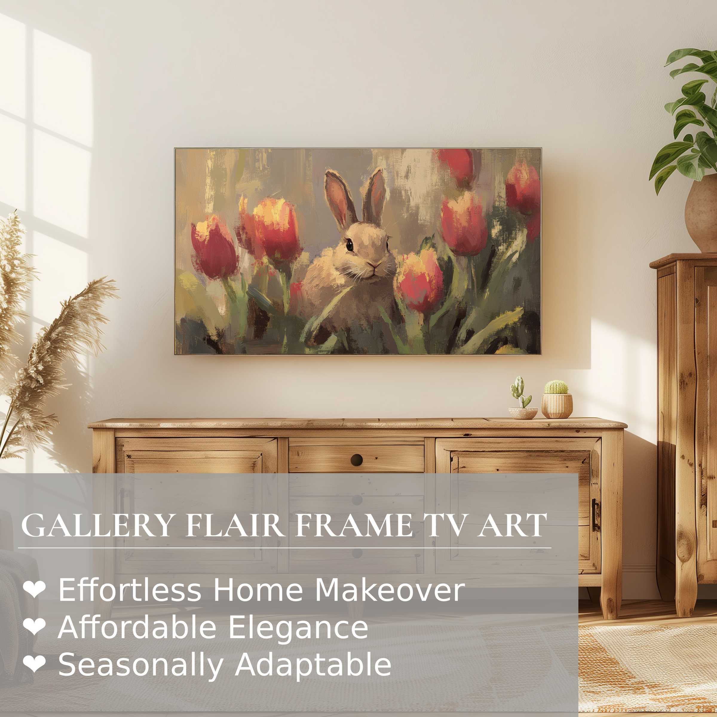 Samsung Frame TV showcasing elegant easter digital artwork of rabbit and tulips in a modern, cozy interior