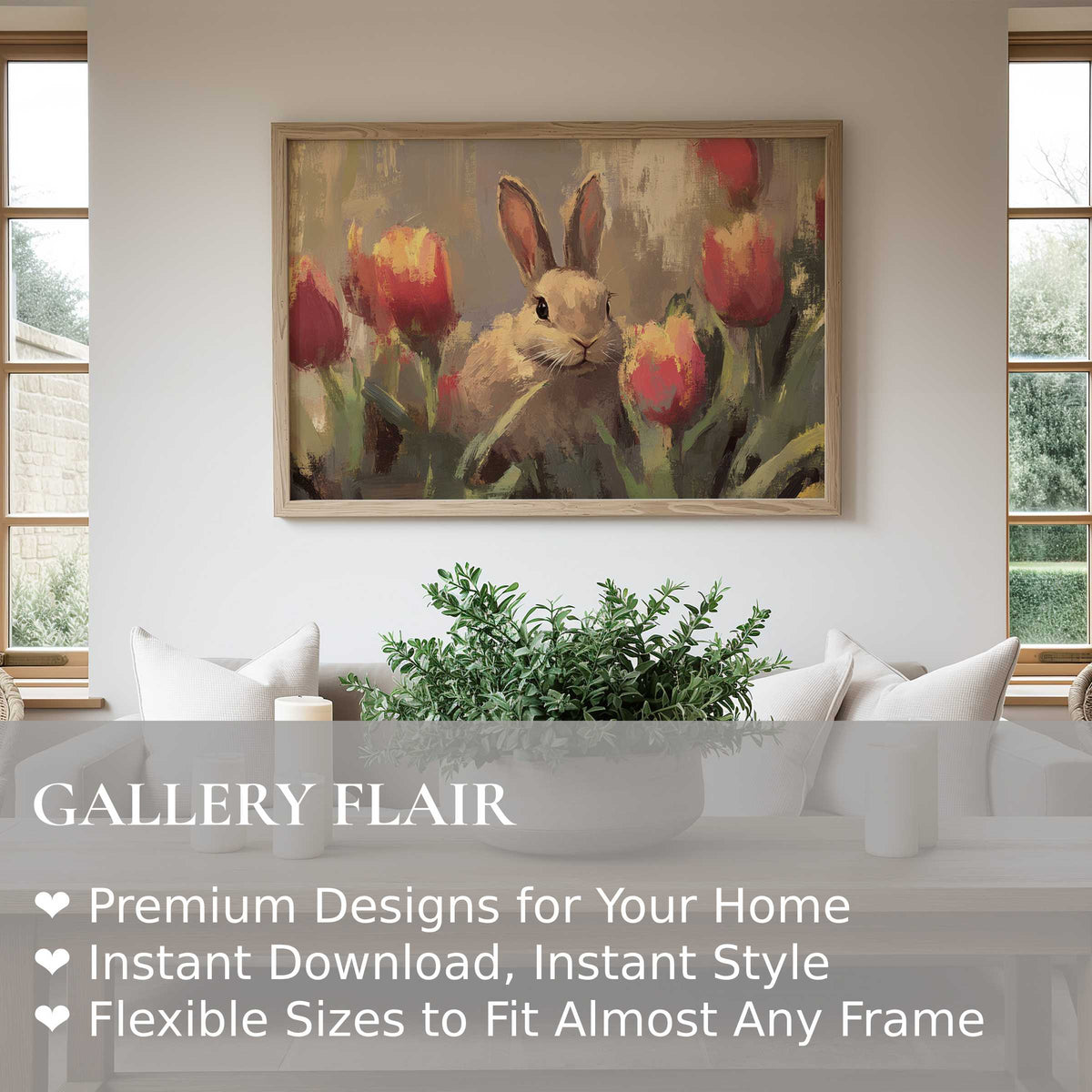 Easter wall art print featuring a radiant bunny among tulips, enhancing serene modern farmhouse decor with soft, inviting charm