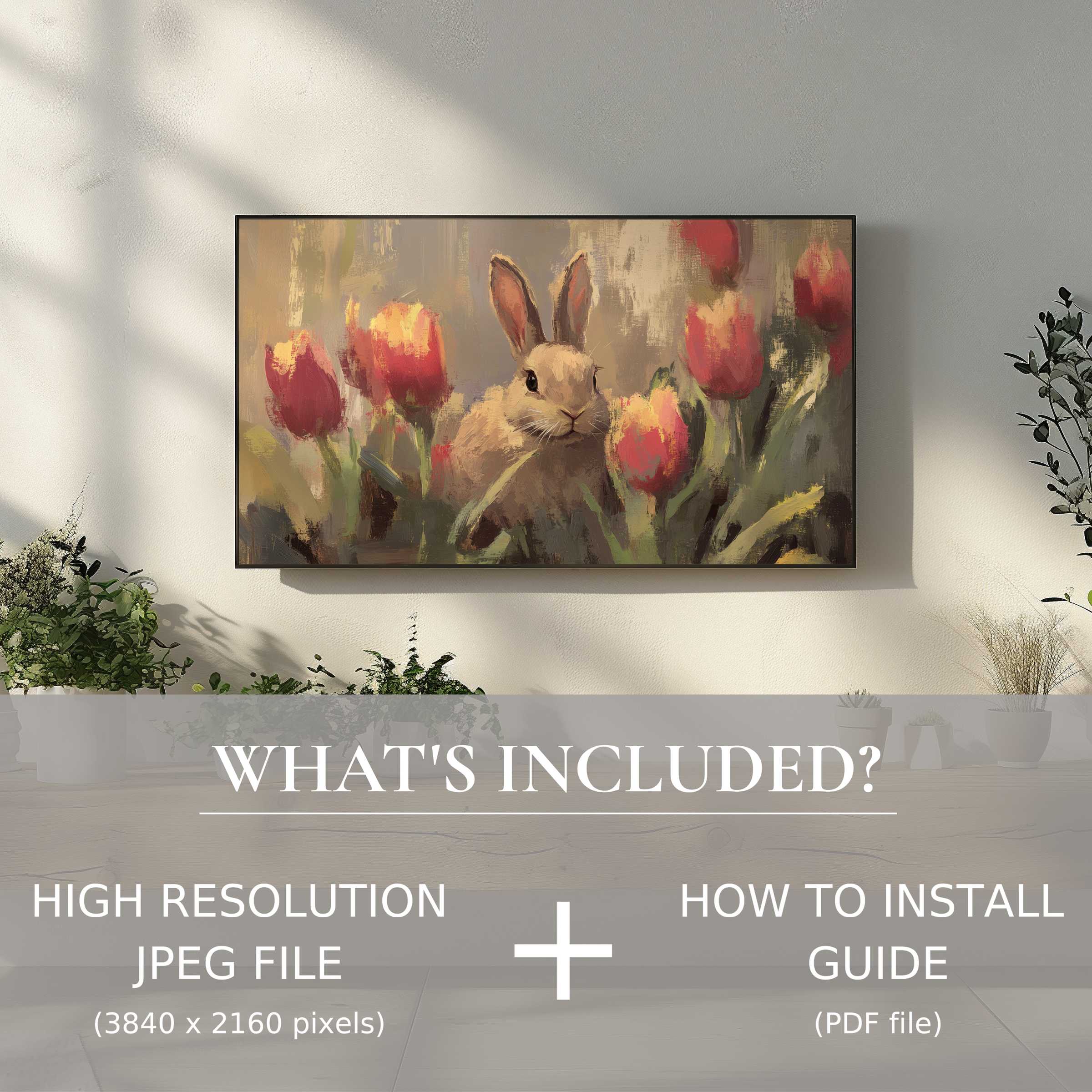 Elegant living room with floral rabbit art on TV, an easter digital TV art download enhancing decor with easy digital use