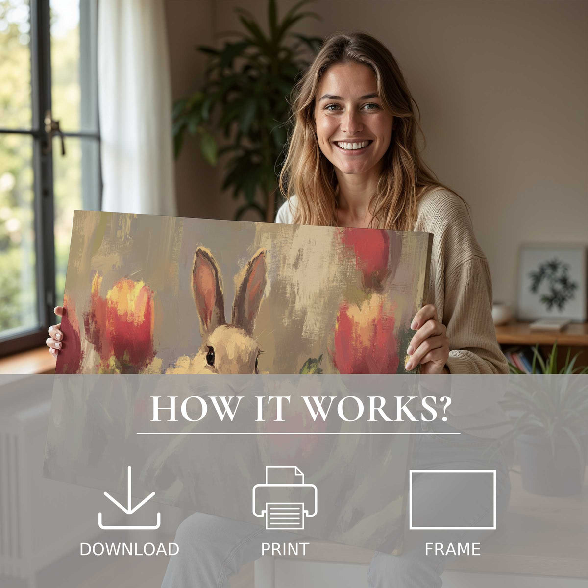 A joyful moment in a modern home, embracing the warmth and charm of an easter digital art print that transforms the space