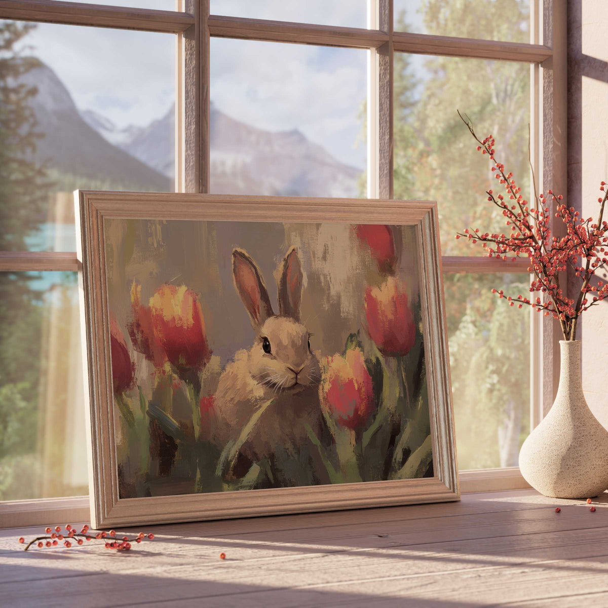 Easter downloadable art capturing a serene bunny amidst vibrant tulips, perfect for elevating tranquil, curated interiors