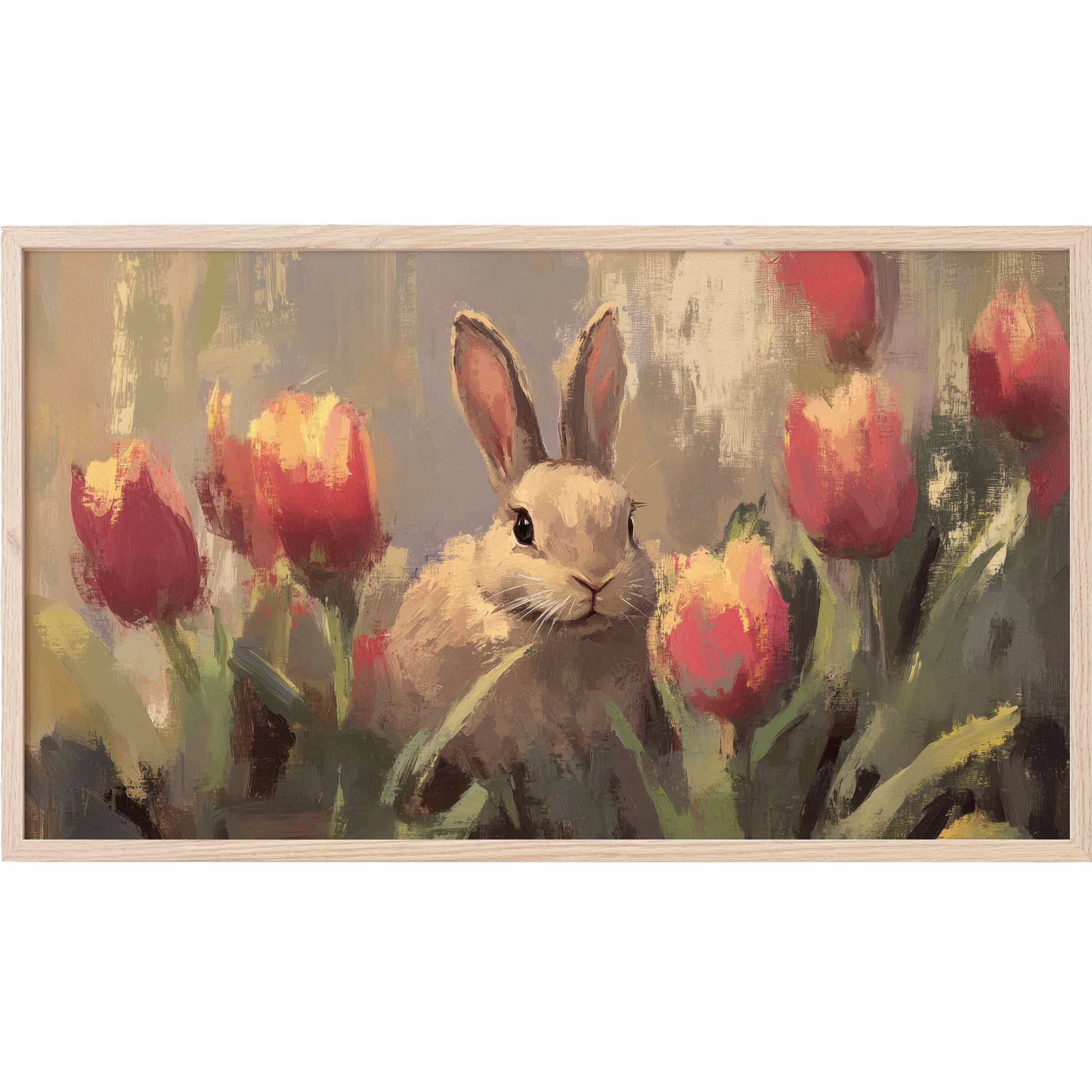 Elegant easter Frame TV Art featuring a soft, painterly bunny amidst warm red and yellow tulips in muted tones