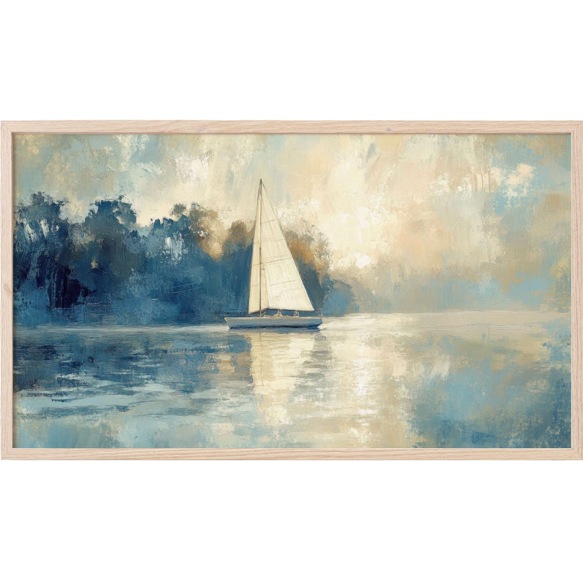Serene sailboat glides on reflective waters in muted blues and creams, a sophisticated coastal Frame TV Art piece